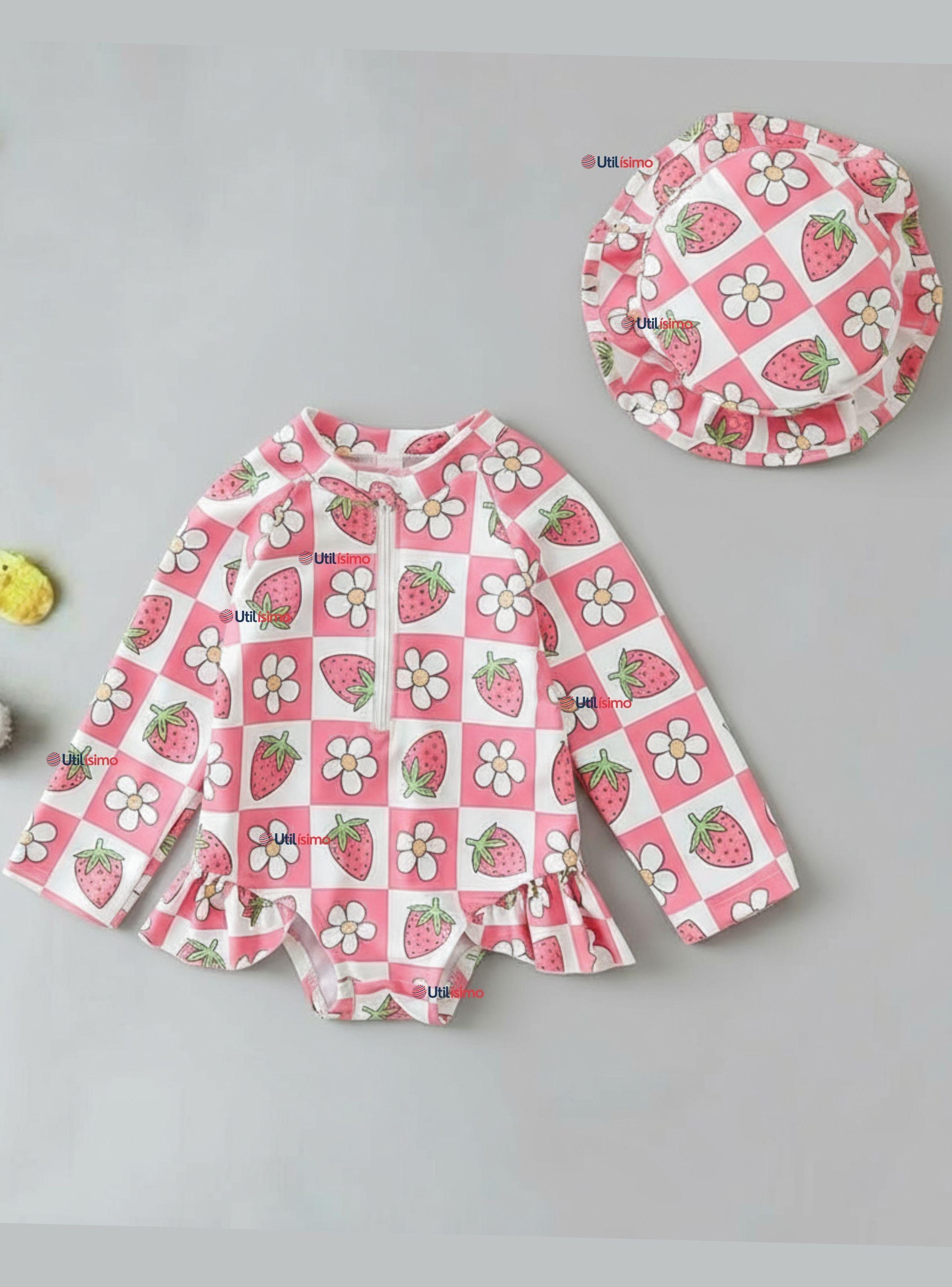 Traje de Baño Enterito Manga Larga Con Gorro 2 Piezas para Niña de 9 a 36 Meses Beautiful Baby-0
