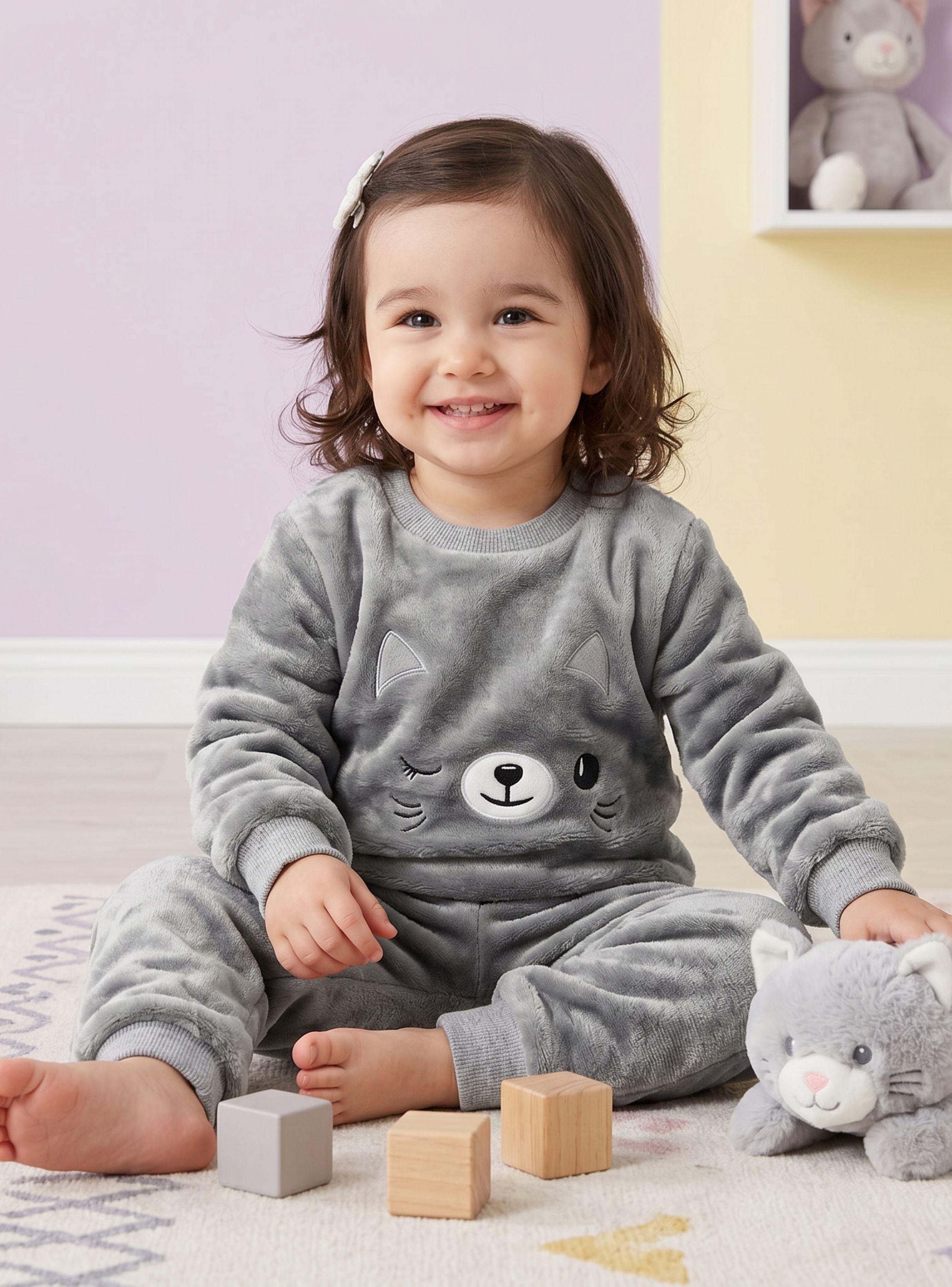 Conjunto Buzo Polerón Frizado 2 Piezas Bebe Niña Gray Cat Corderito Liso-0