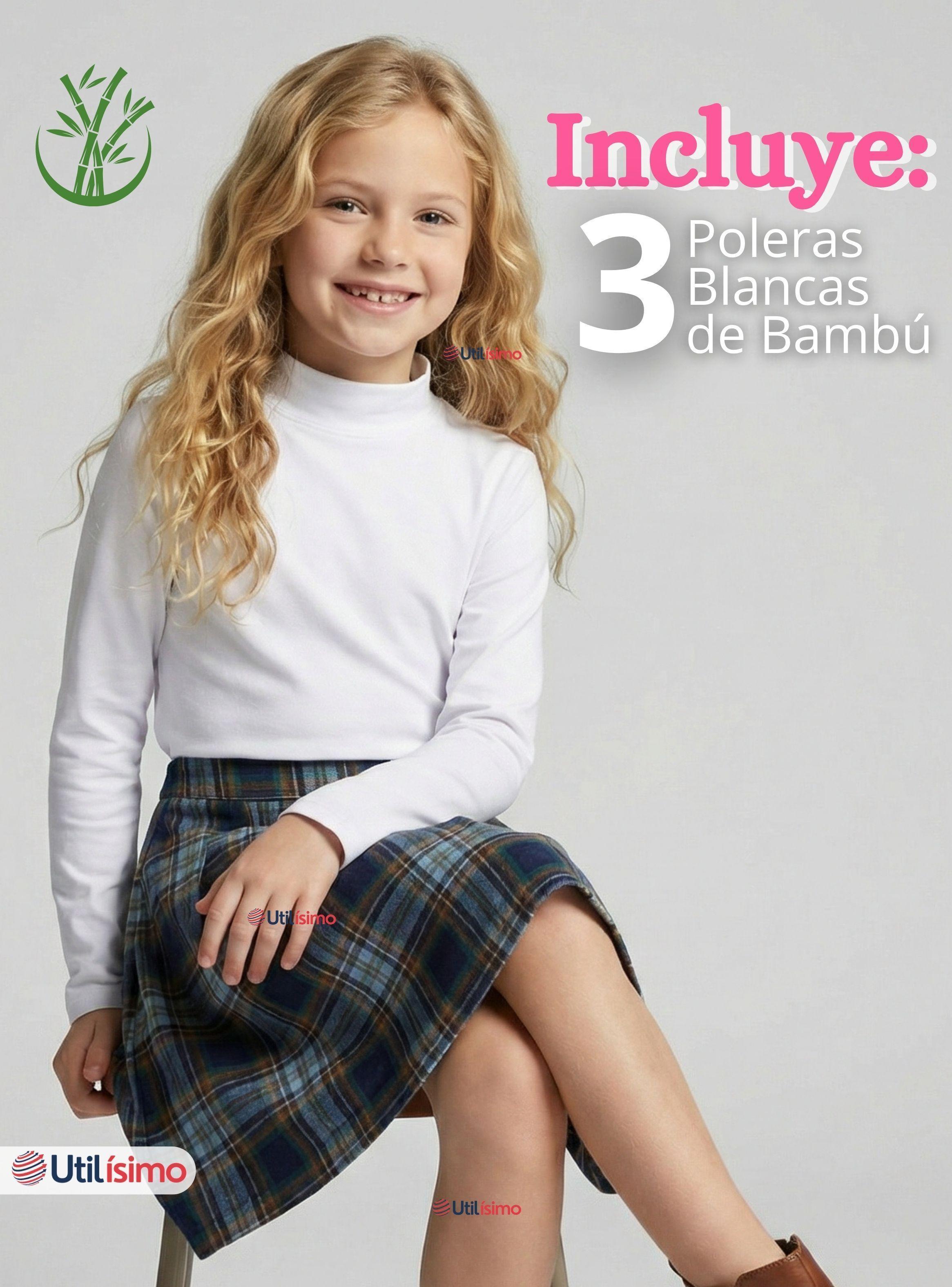 Pack 3 Poleras Camisetas Bambú Blanca Cuello Beatle Primera Capa Manga Larga Niñas-1