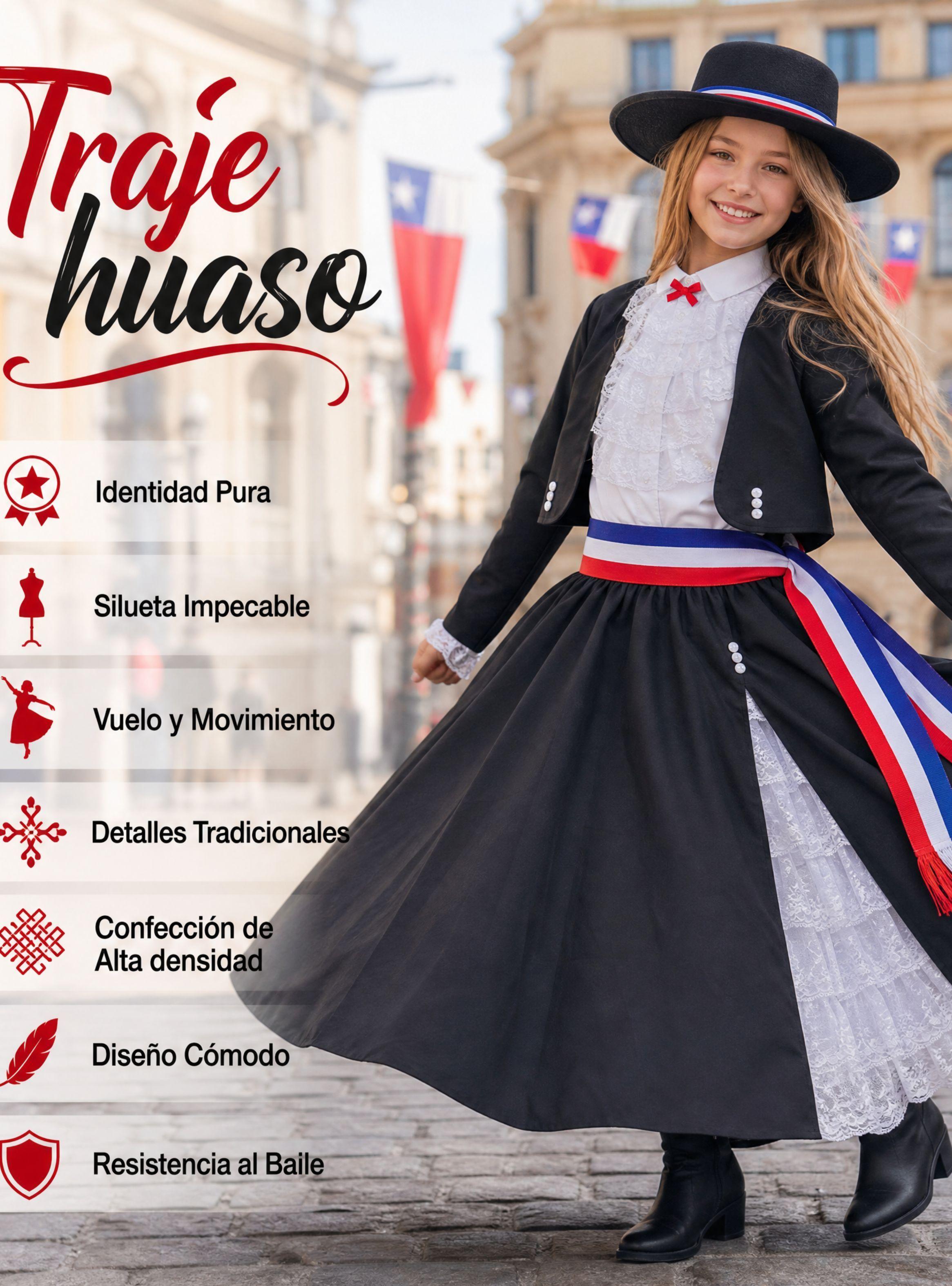 Traje Huasa Elegante Negro de NIña Conjunto 7 Piezas Tipico Fiestas Patrias-4