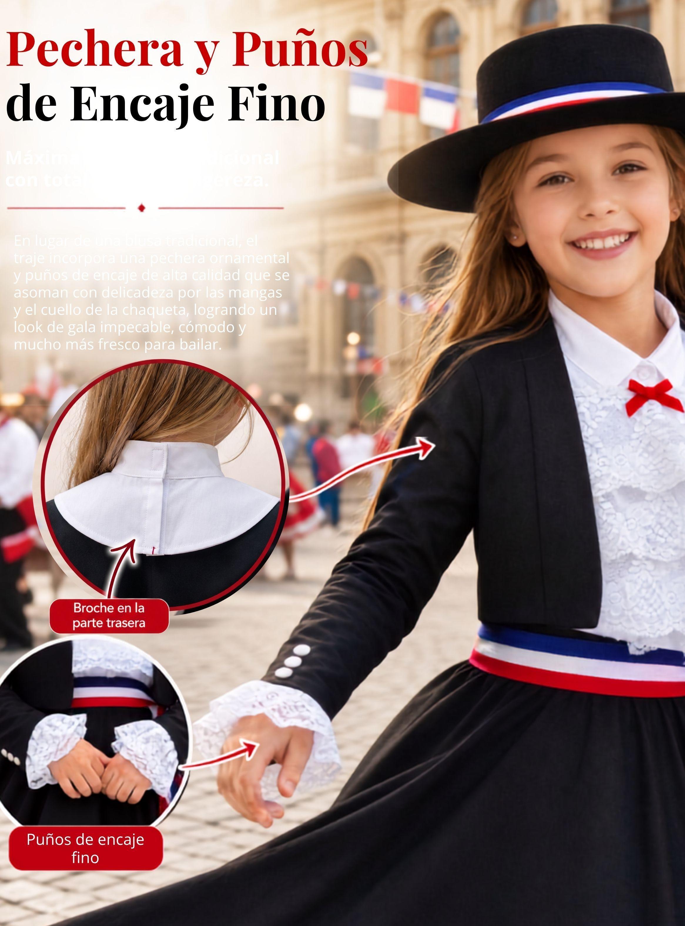 Traje Huasa Elegante Negro de NIña Conjunto 7 Piezas Tipico Fiestas Patrias-6