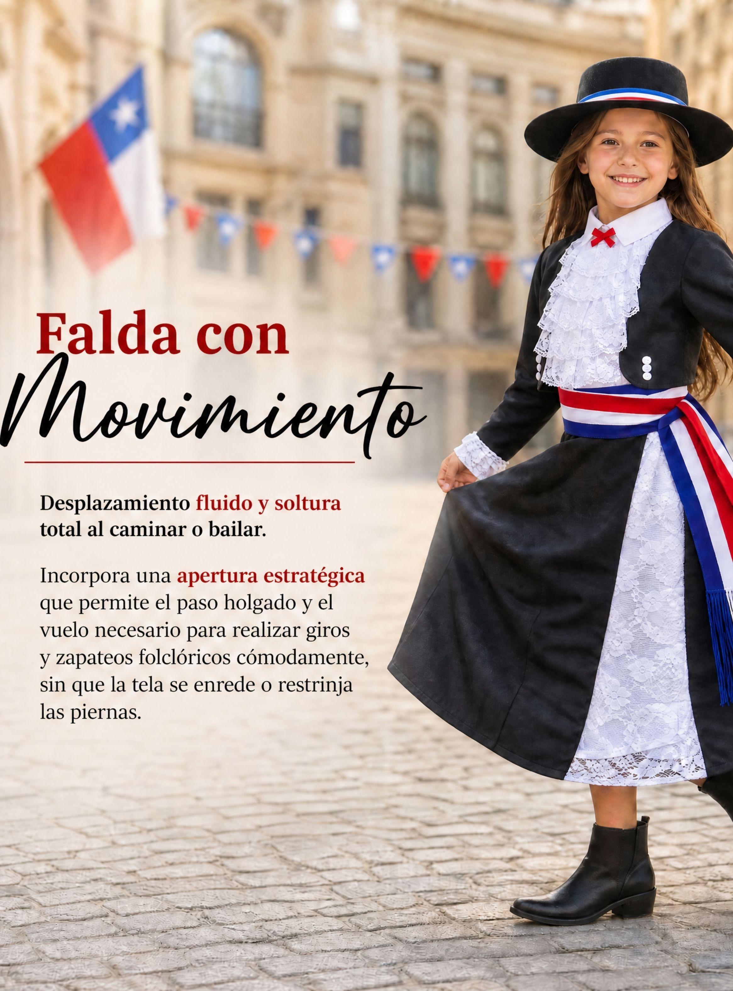 Traje Huasa Elegante Negro de NIña Conjunto 7 Piezas Tipico Fiestas Patrias-7