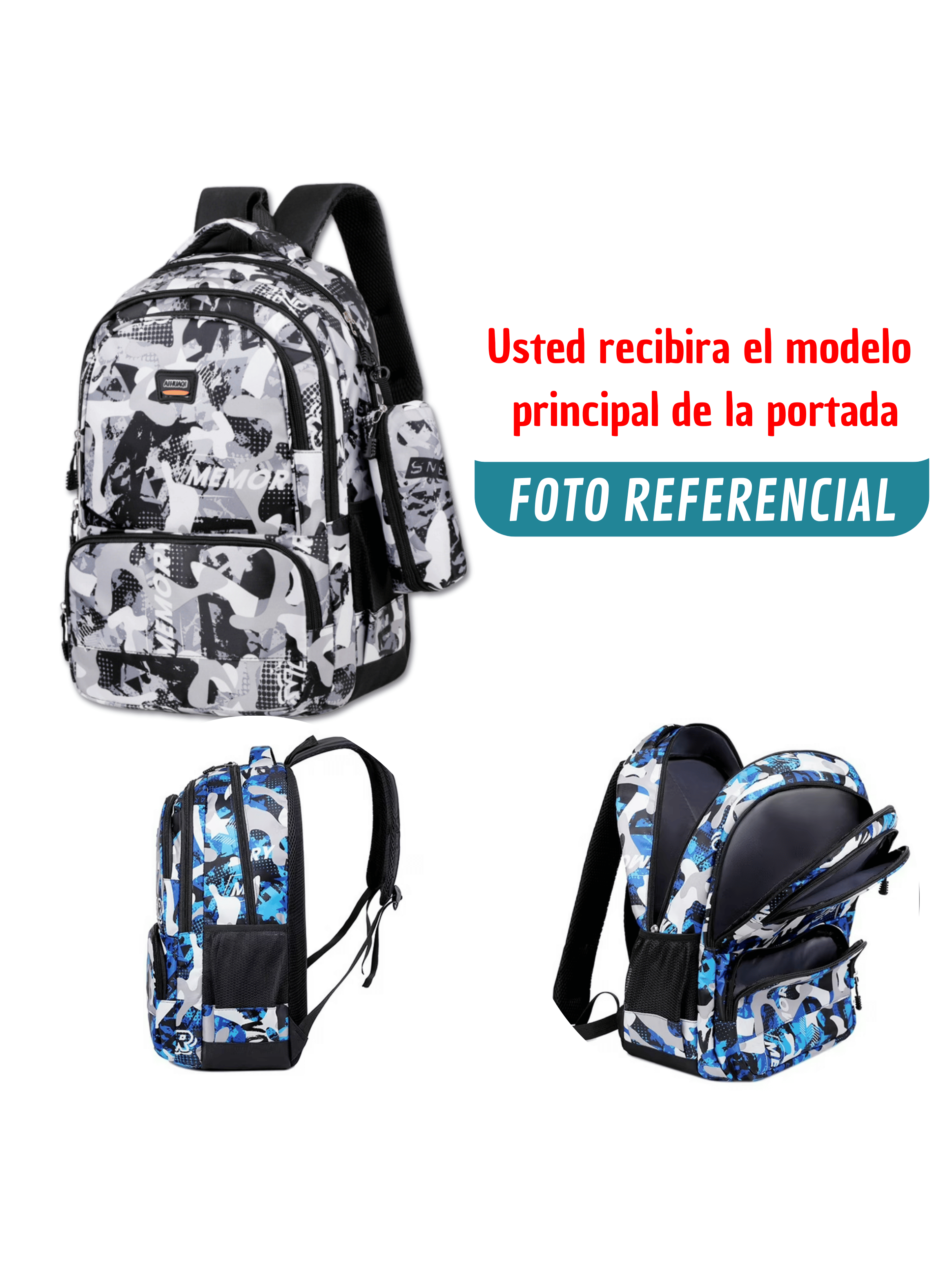 Mochila Escolar Juvenil y Universitario 45cm Diseño Estampado Camuflaje Unisex Gray-3
