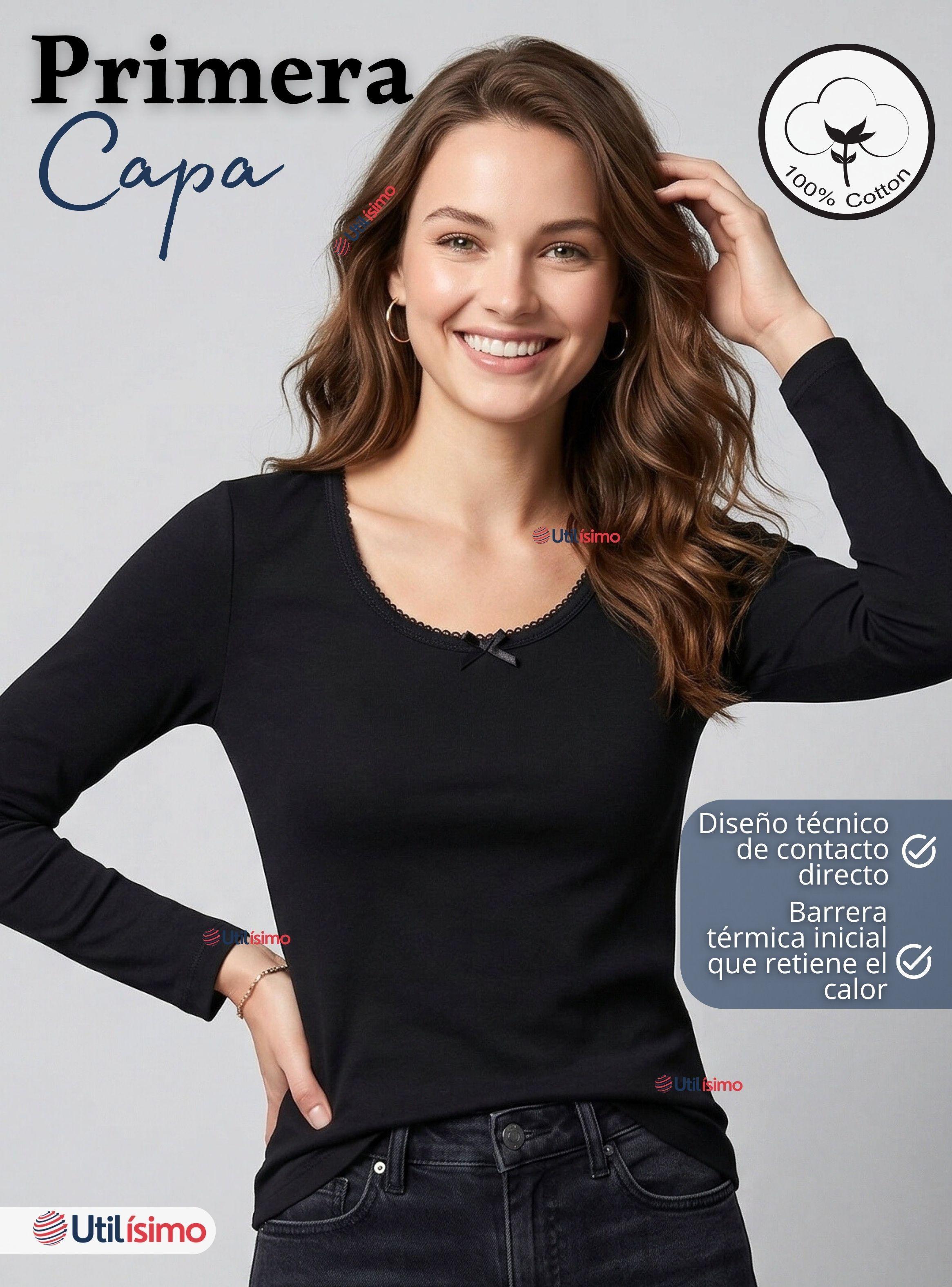 Camiseta Polera de Algodón Primera Capa Manga Larga Blanco Negro Mujer-3