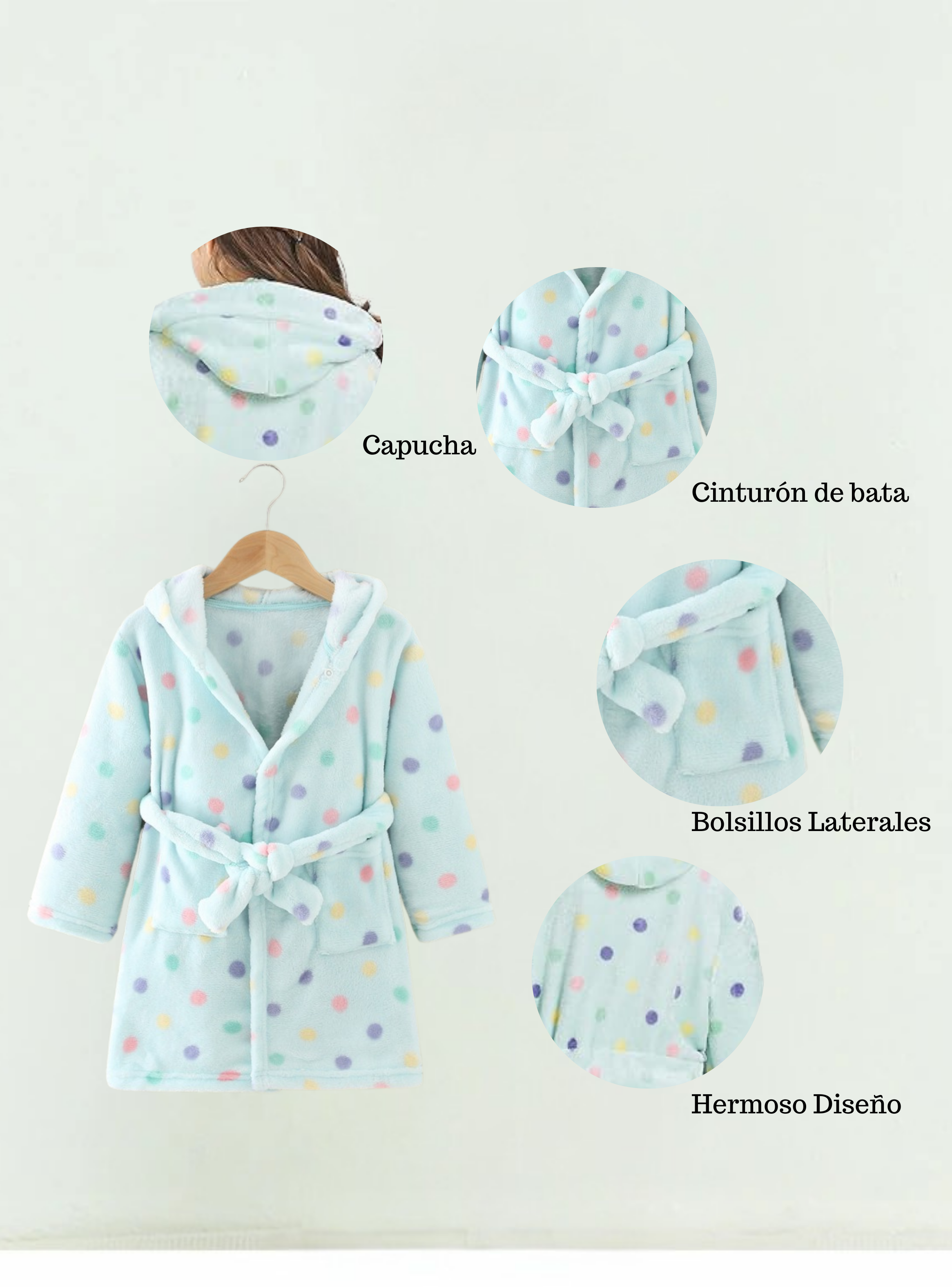 Batas De Baño Con Capucha Y Bolsillos Niño Y Niña Polar Con Lunares-4