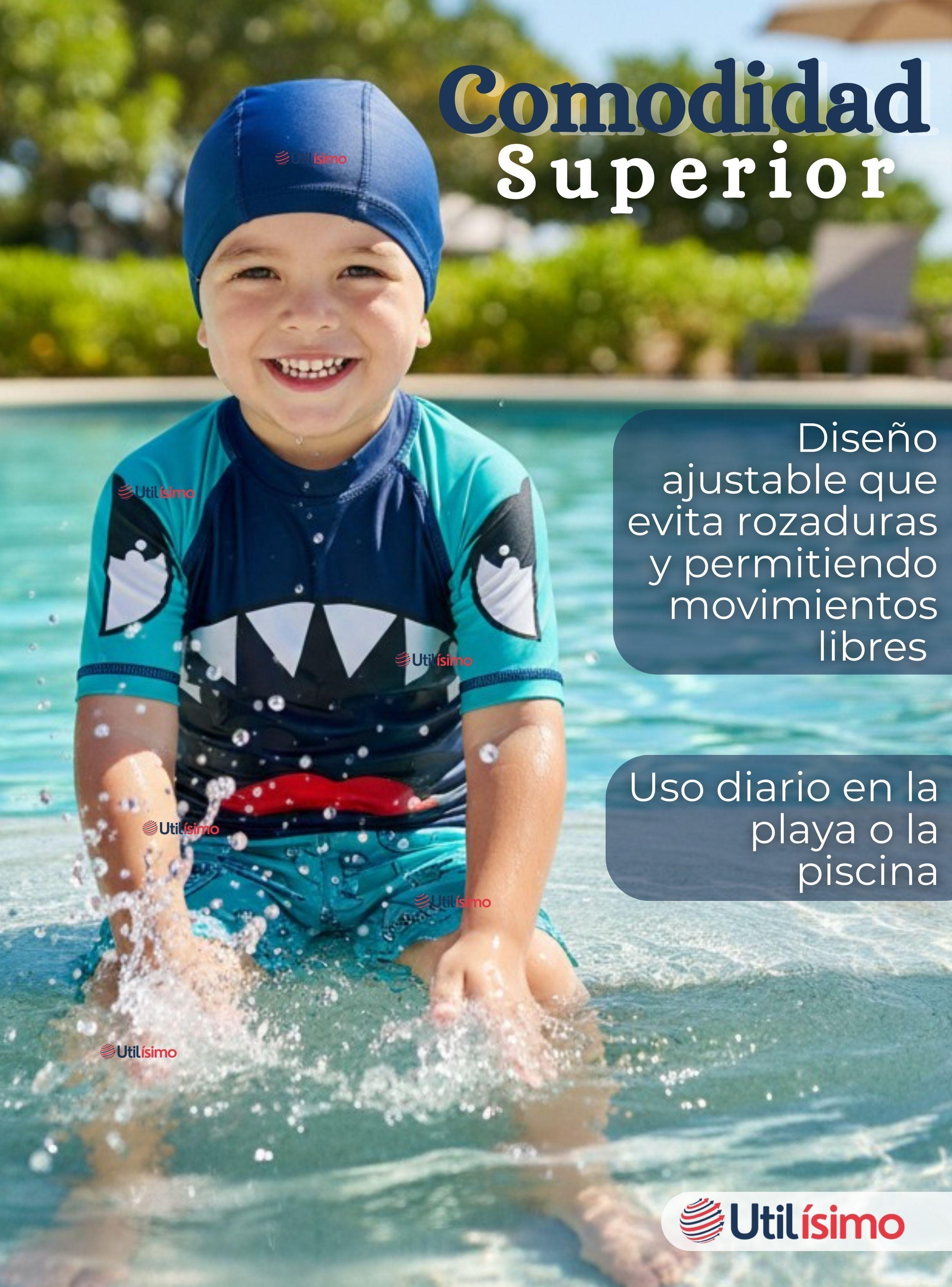 Traje de Baño Con Gorro Pantalón Corto Manga Corta 3 Piezas Corte Split Niño 2 a 8 años Blue Shark-6