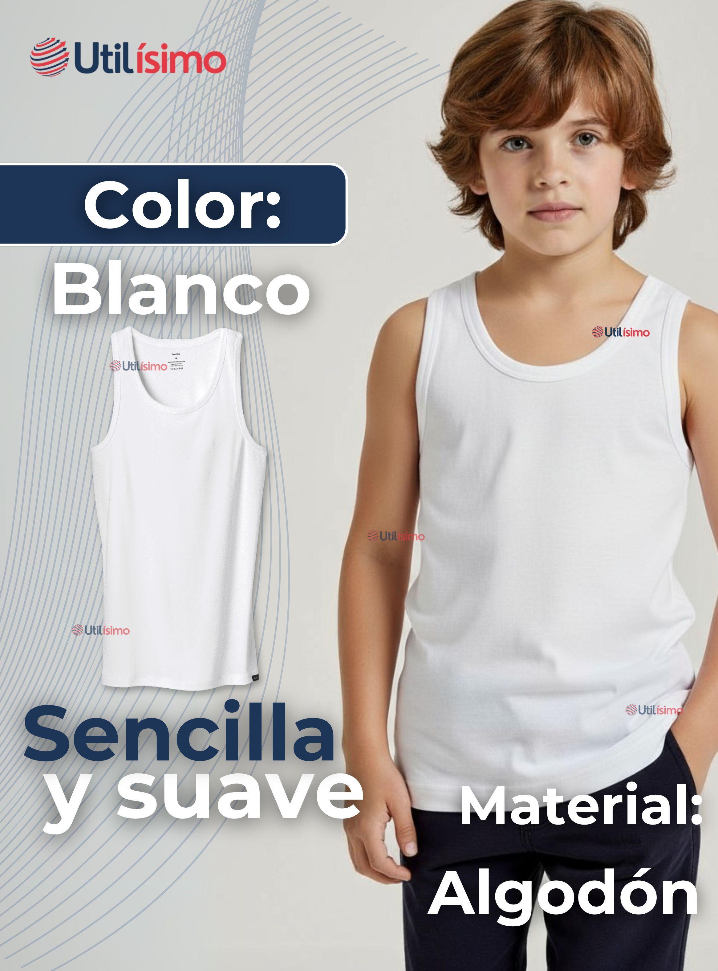 Camiseta Sin Manga Básica Suave 100% Algodón Blanco para Niño y Juvenil-1
