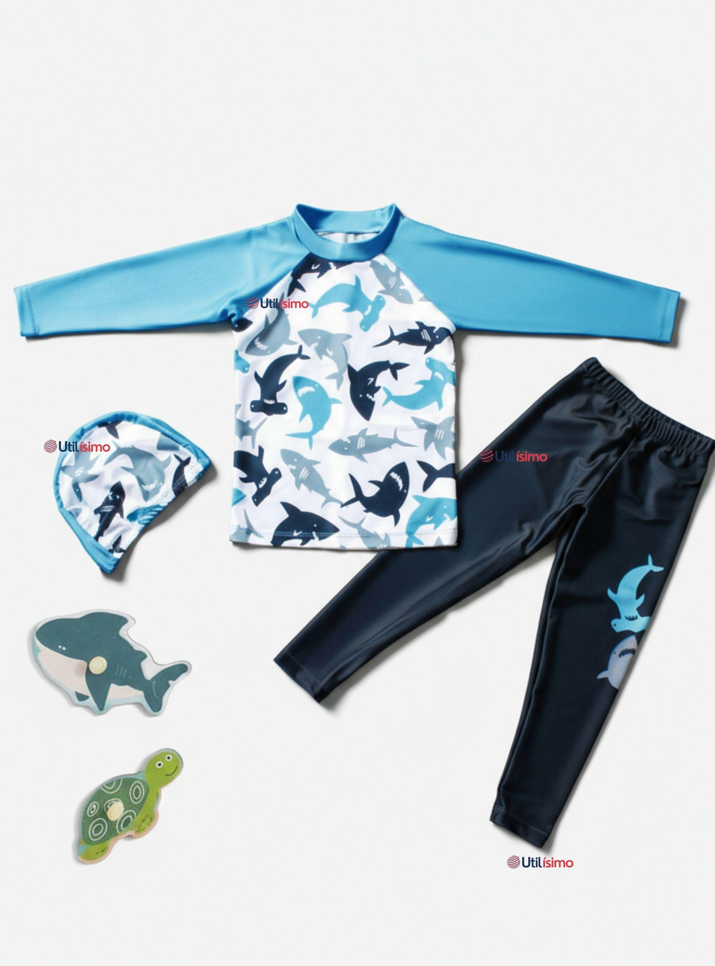 Traje de Baño Con Gorro Pantalón Largo Polera Manga Larga 3 Piezas para Niños 3 a 11 años White Shar-0