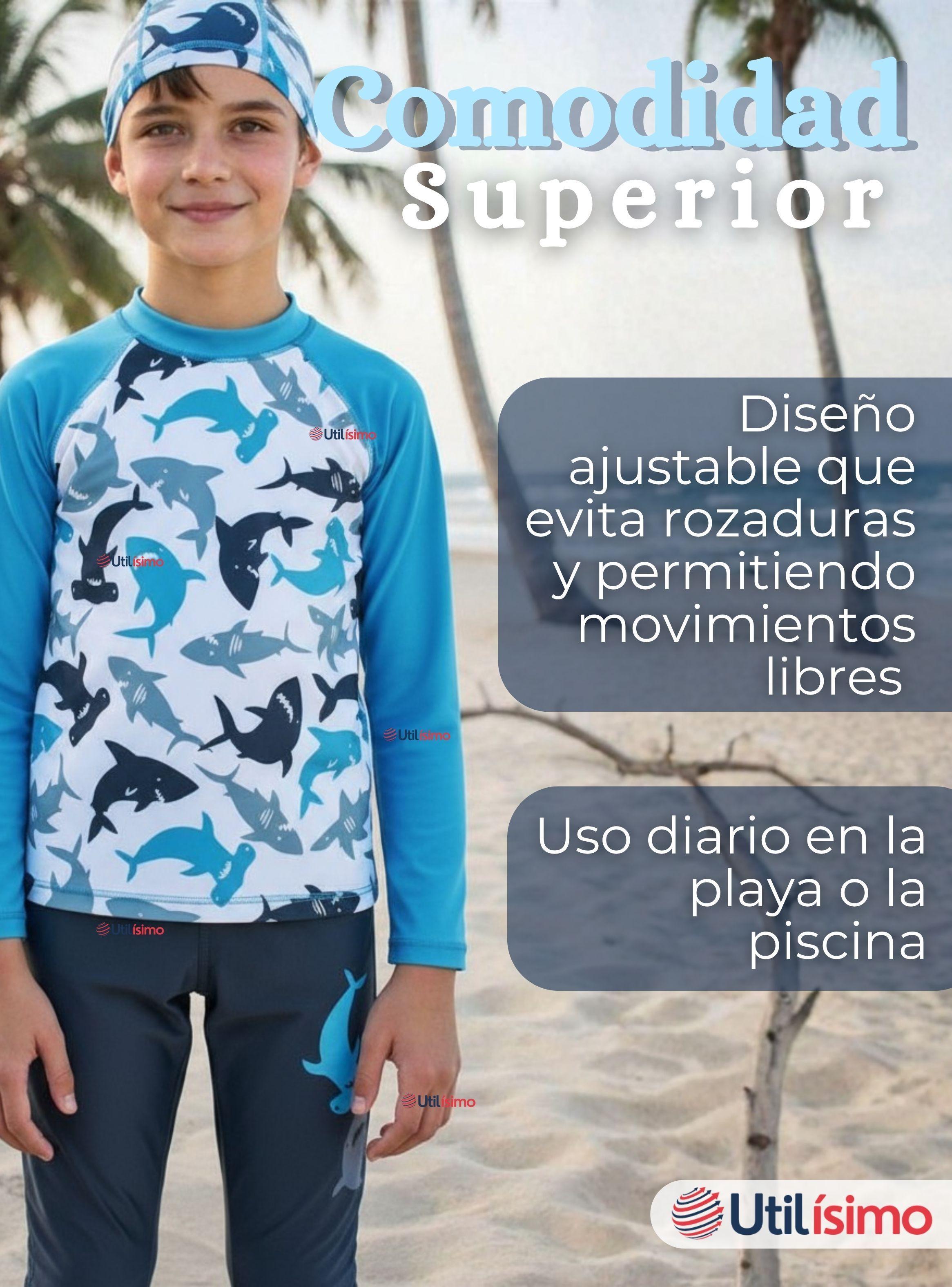 Traje de Baño Con Gorro Pantalón Largo Polera Manga Larga 3 Piezas para Niños 3 a 11 años White Shar-6