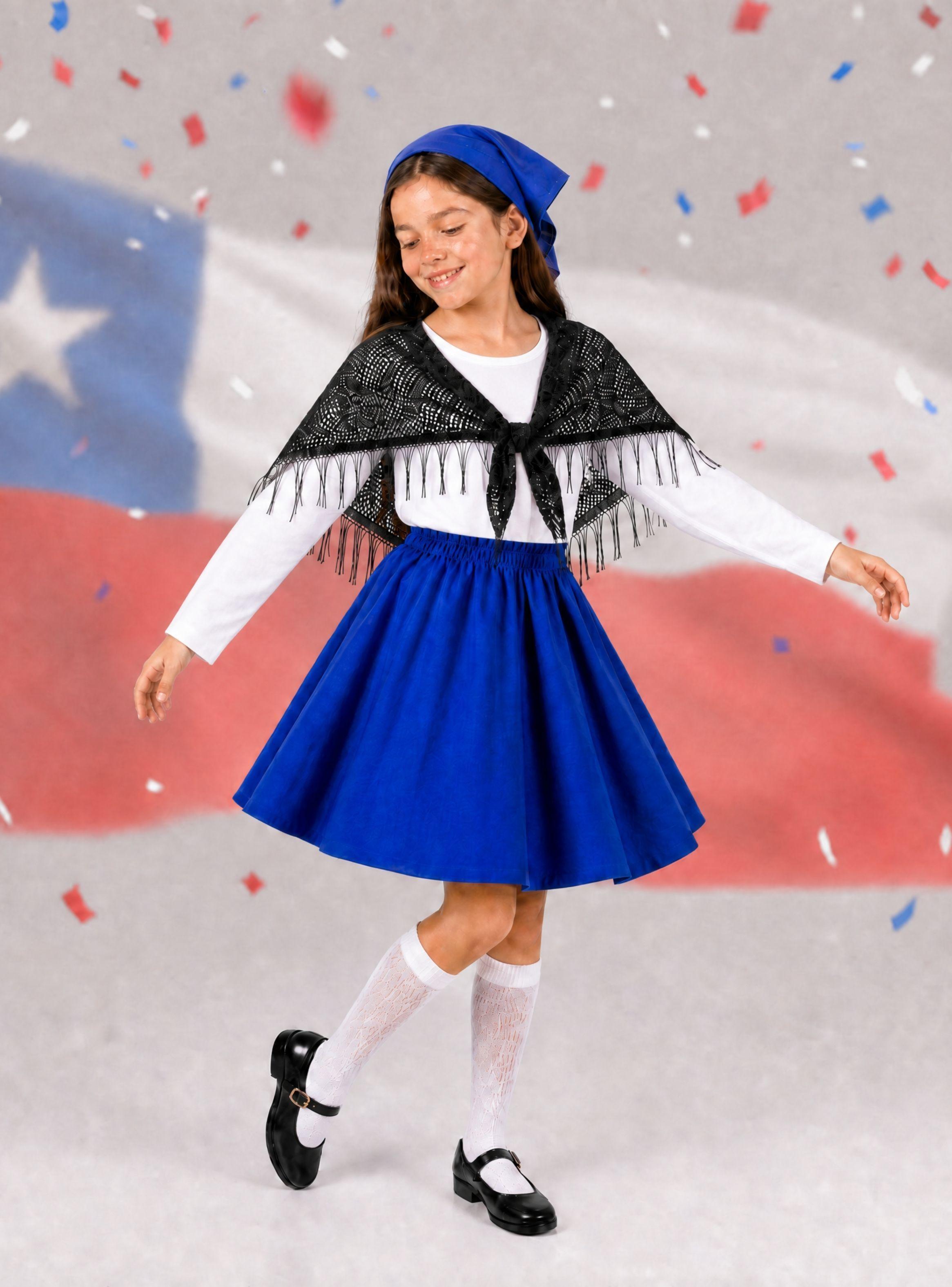Traje Chilote Niña Azul 4 Piezas Con Polera Fiestas Patrias Bailes Tipicos-1