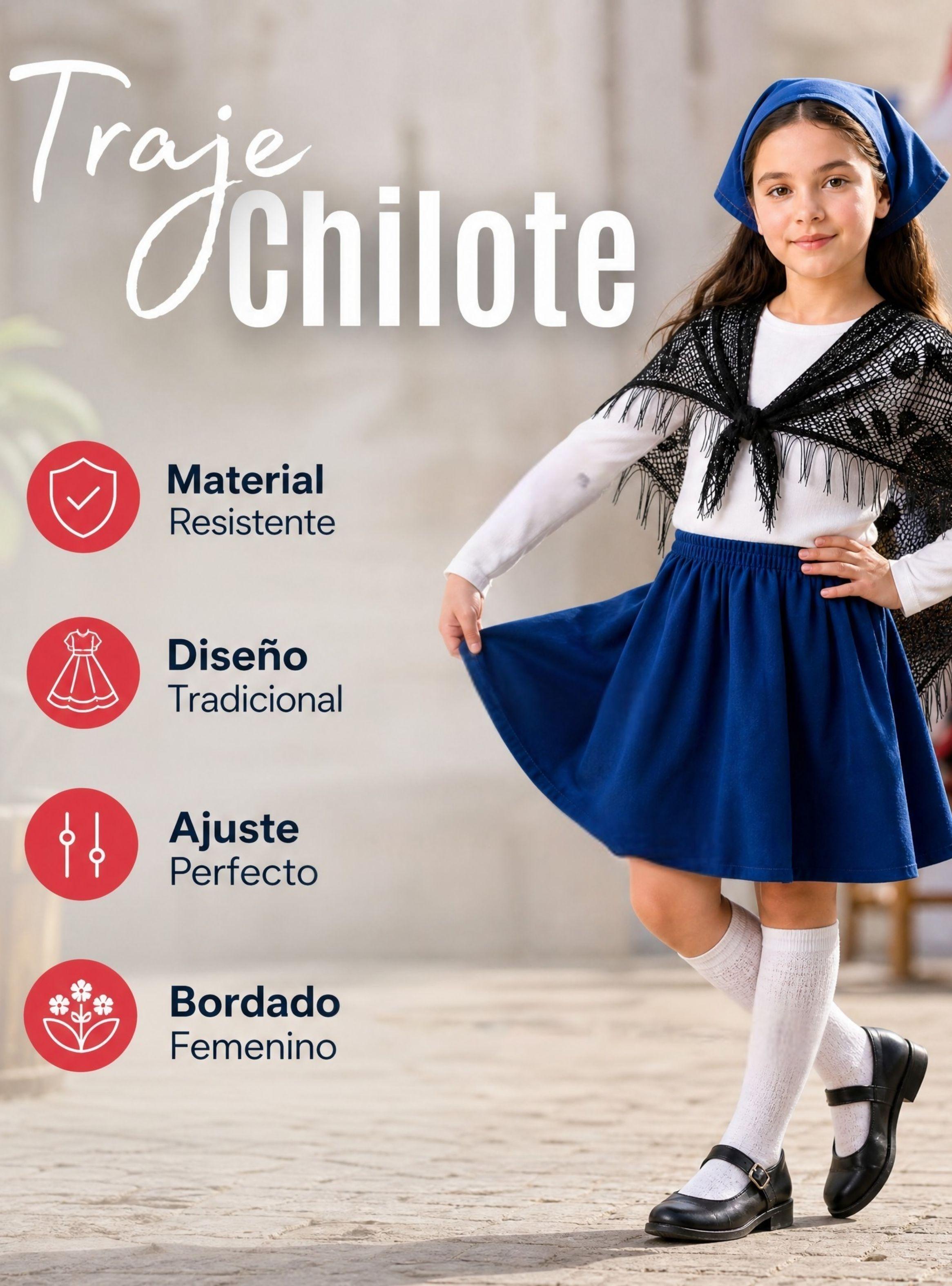Traje Chilote Niña Azul 4 Piezas Con Polera Fiestas Patrias Bailes Tipicos-5