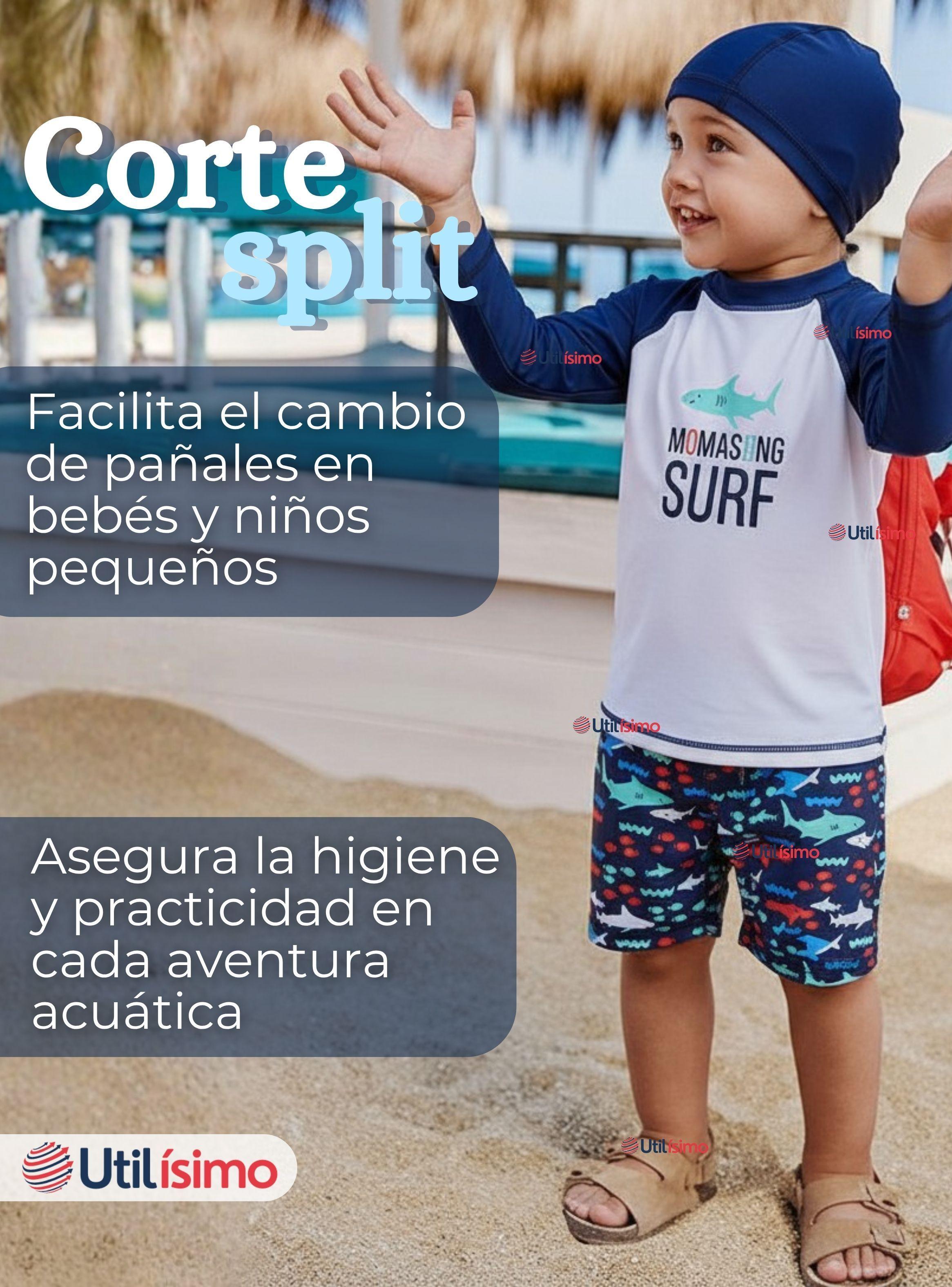 Traje de Baño Con Gorro Pantalón Corto Manga Larga 3 Piezas Corte Split Niño 3 a 9 años Blue Surf-6