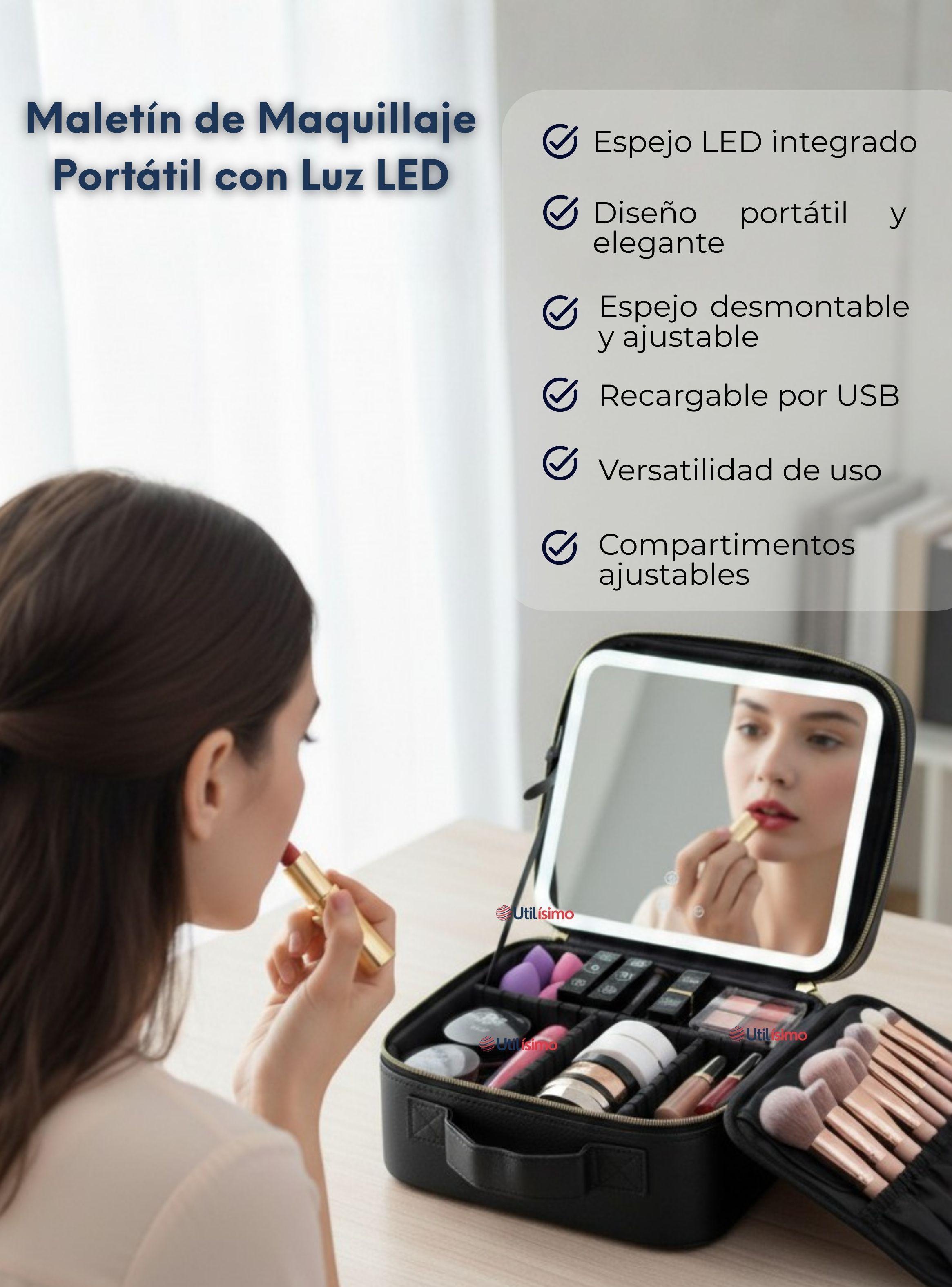 Estuche Maquillaje 2 en 1 Bolso Cosmetiquero con Espejo Con Luz Led Organizador Color Negro-2