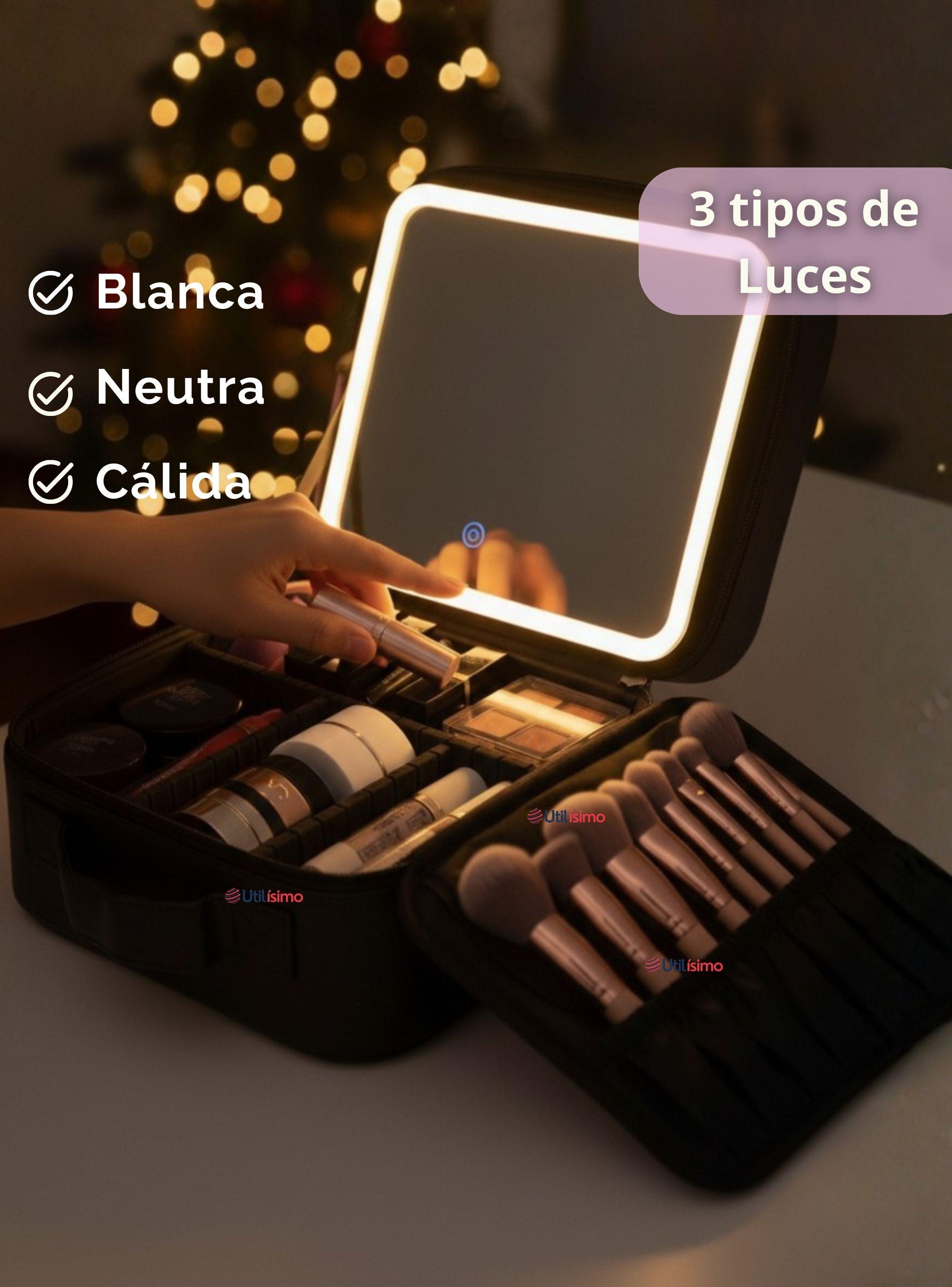 Estuche Maquillaje 2 en 1 Bolso Cosmetiquero con Espejo Con Luz Led Organizador Color Negro-4