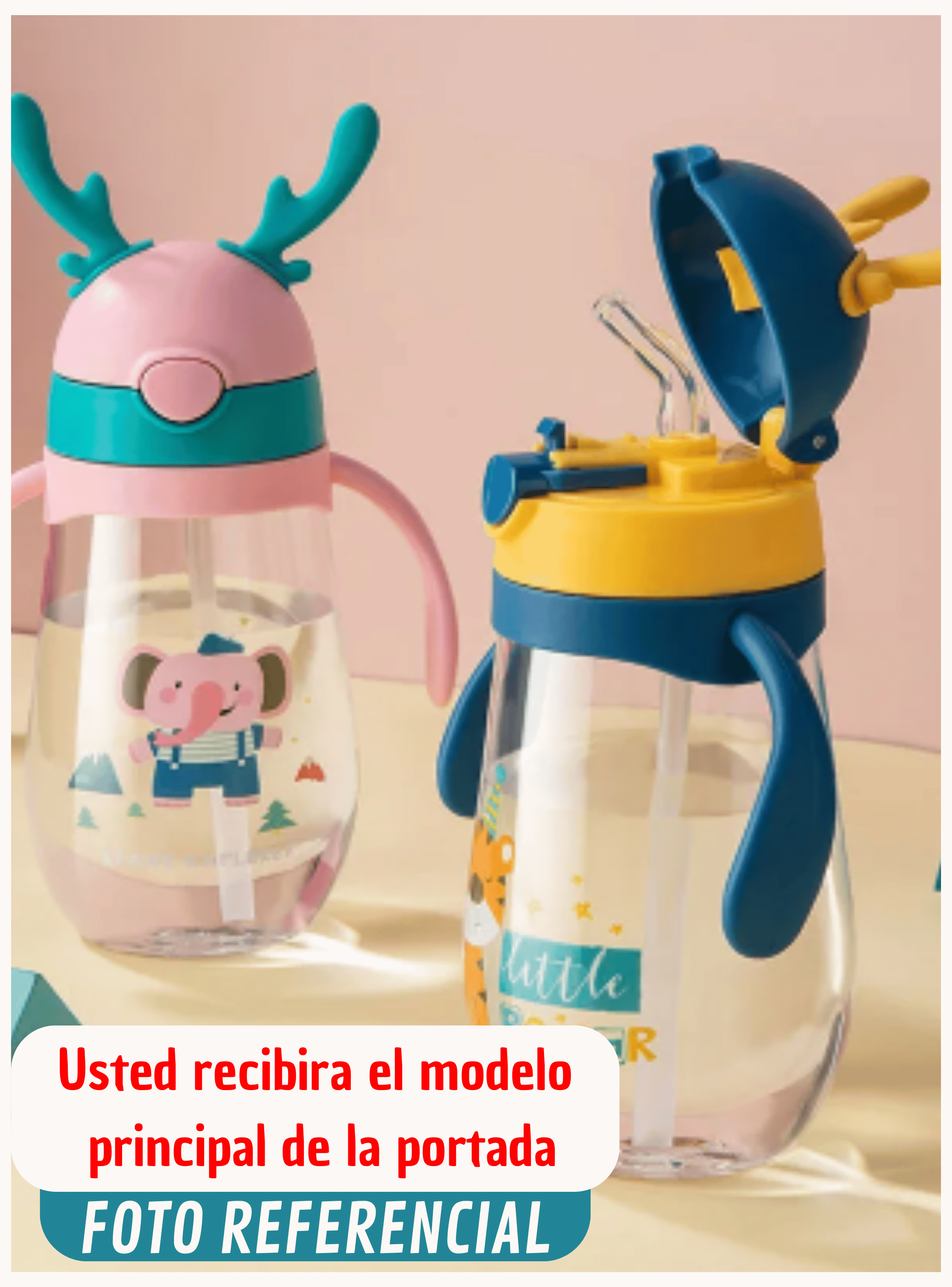 Botella Plástica 480 ML Con Bombilla Y Orejitas Kawai Sin BPA Niños Tiger-4