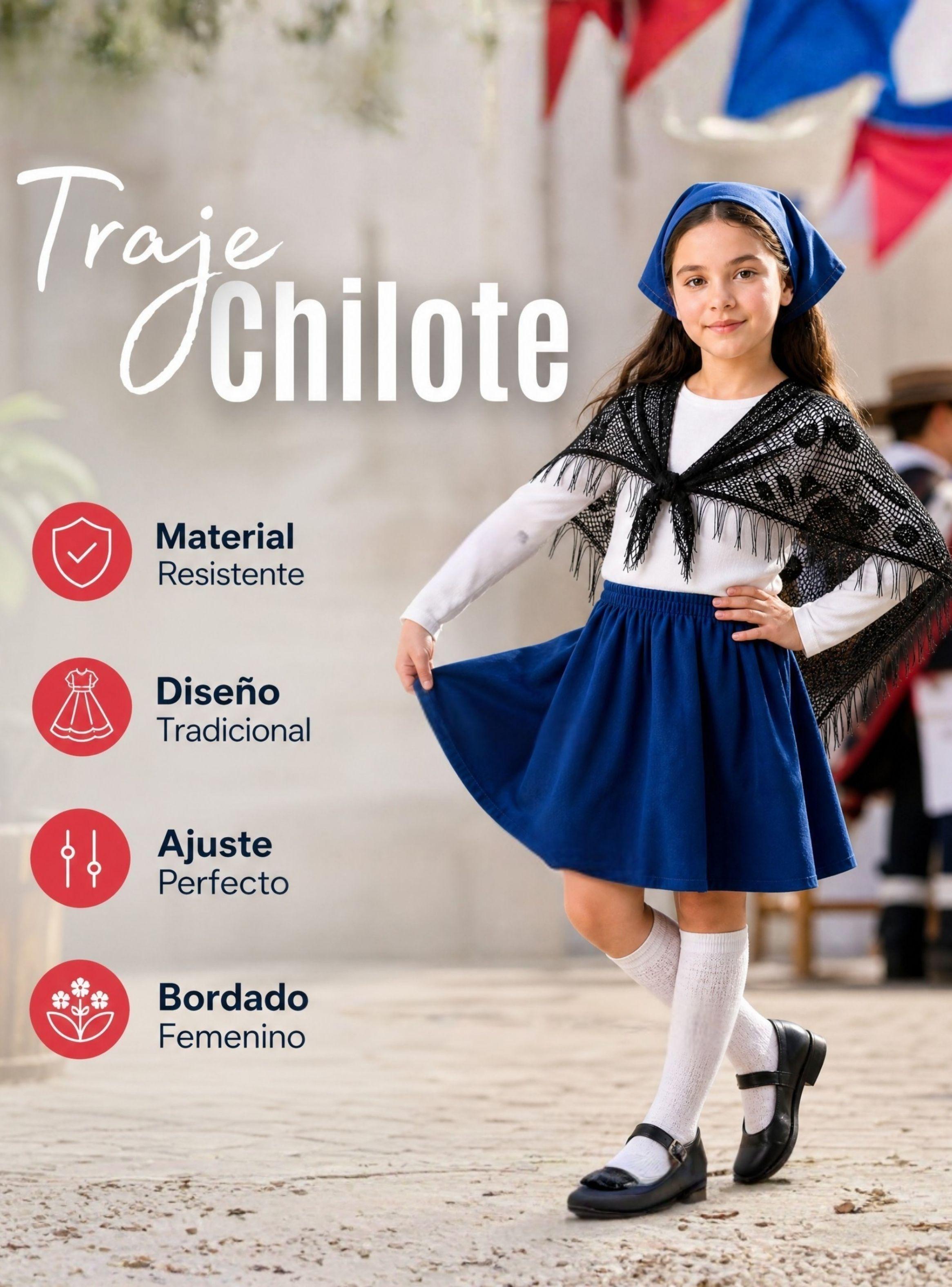 Traje Chilote de Niña 3 Piezas Azul Baile Típico Fiestas Patrias-4