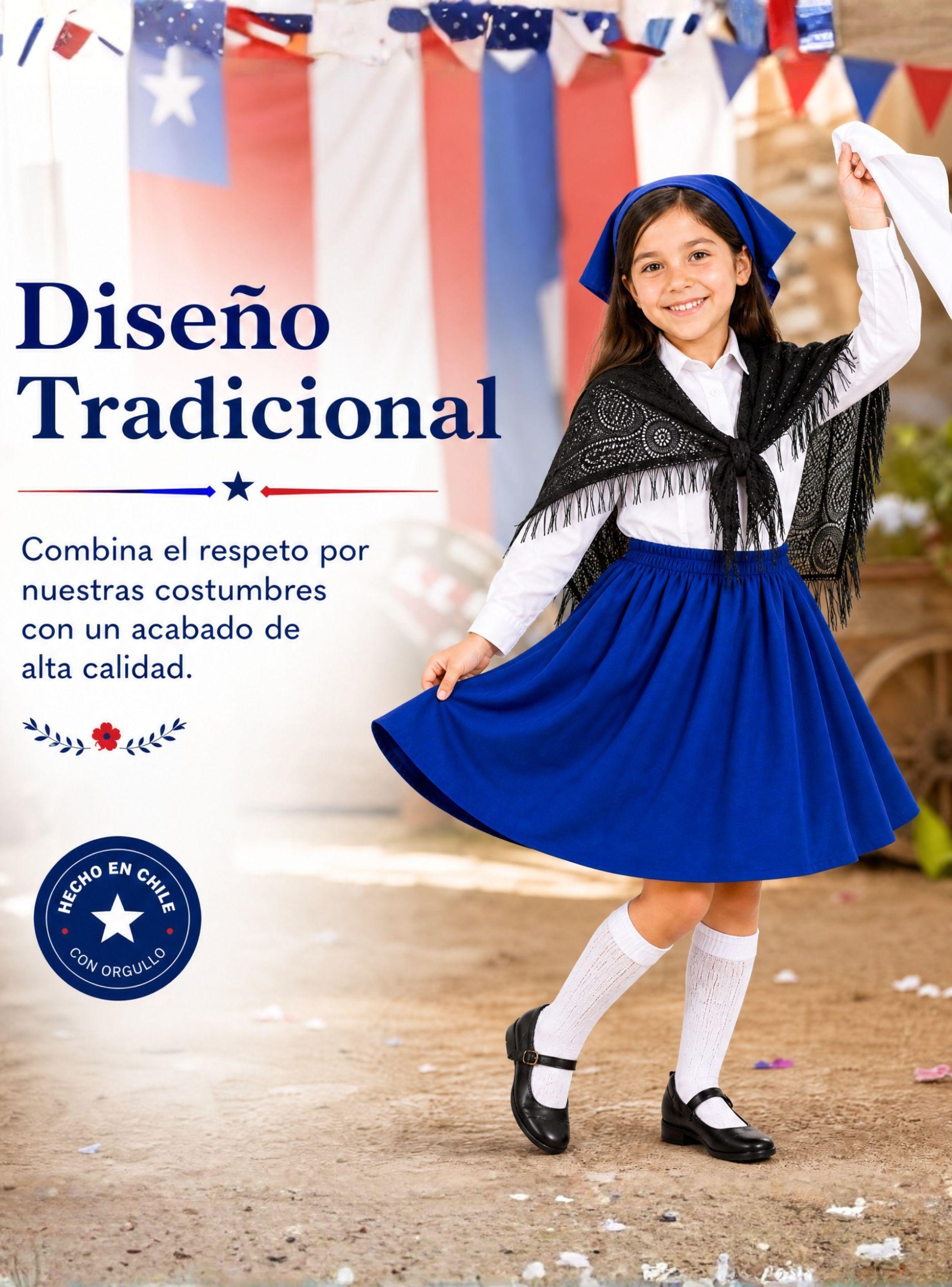 Traje Chilote de Niña 3 Piezas Azul Baile Típico Fiestas Patrias-5