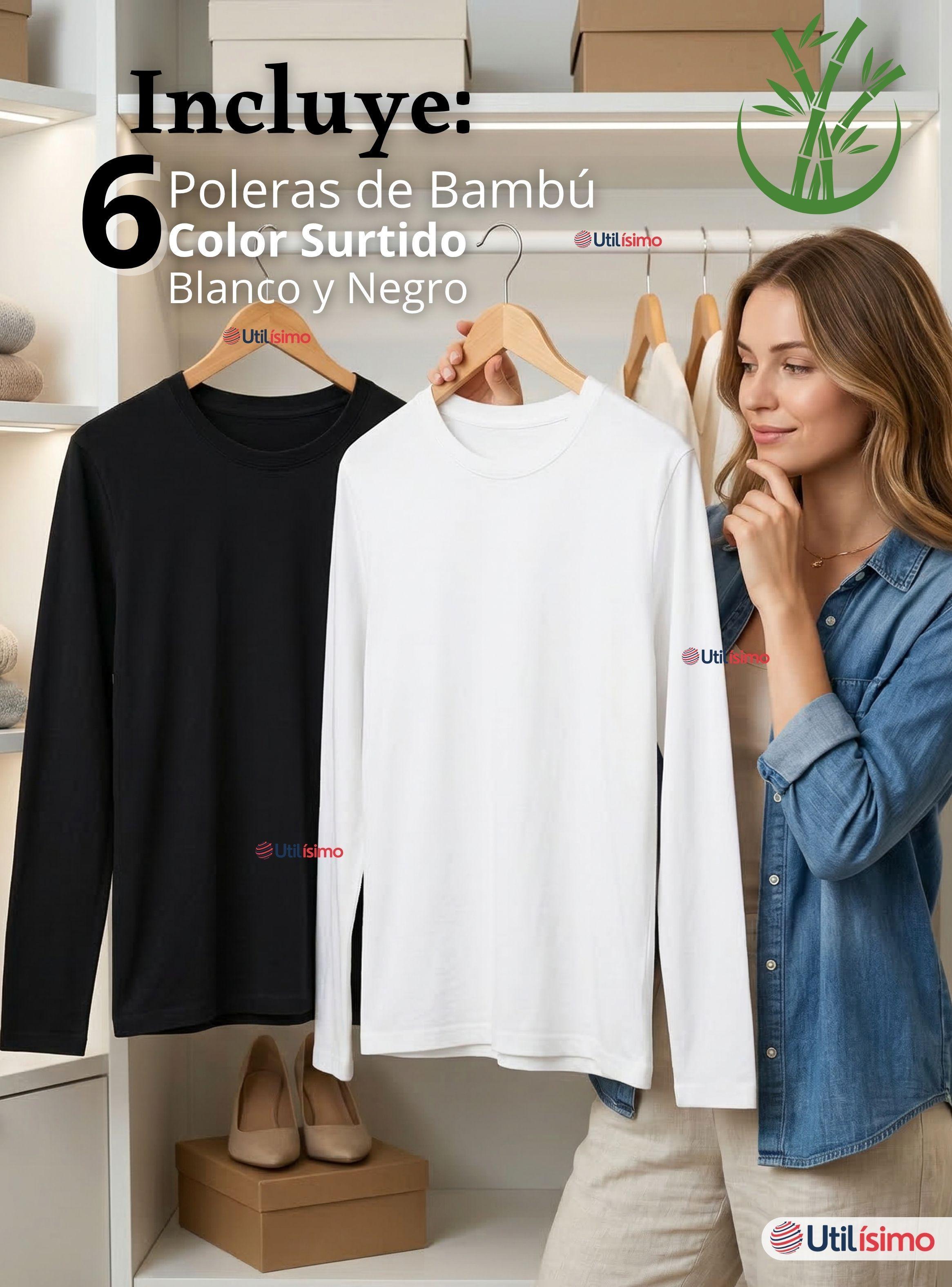 Pack 6 Camisetas Poleras Bambú Primera Capa Manga Larga Blanco y Negro Mujer-2