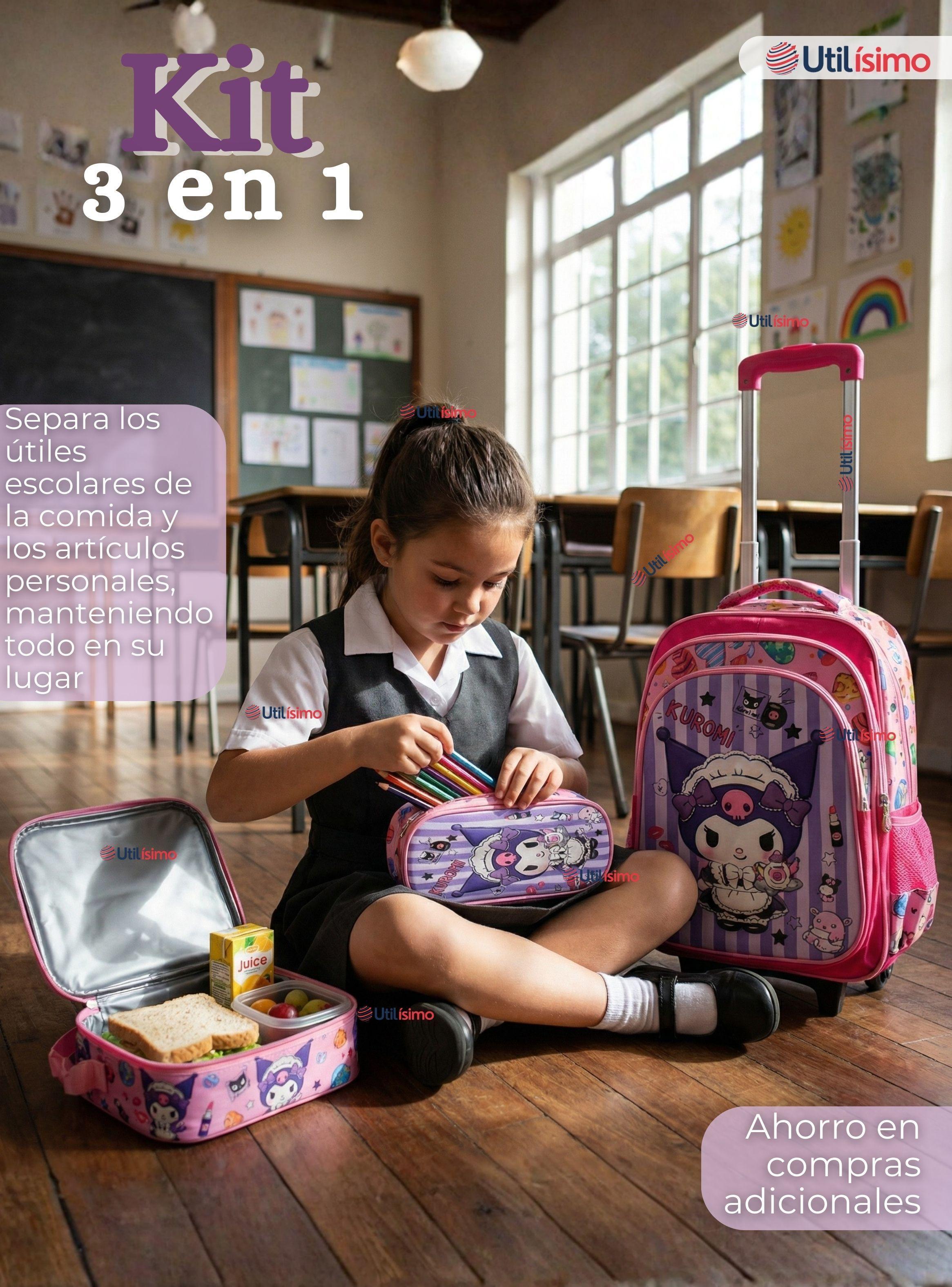 Mochila Escolar Kuromi 3D Con Ruedas Desmontable + Estuche + Lonchera Poliéster Morado para Niña-2