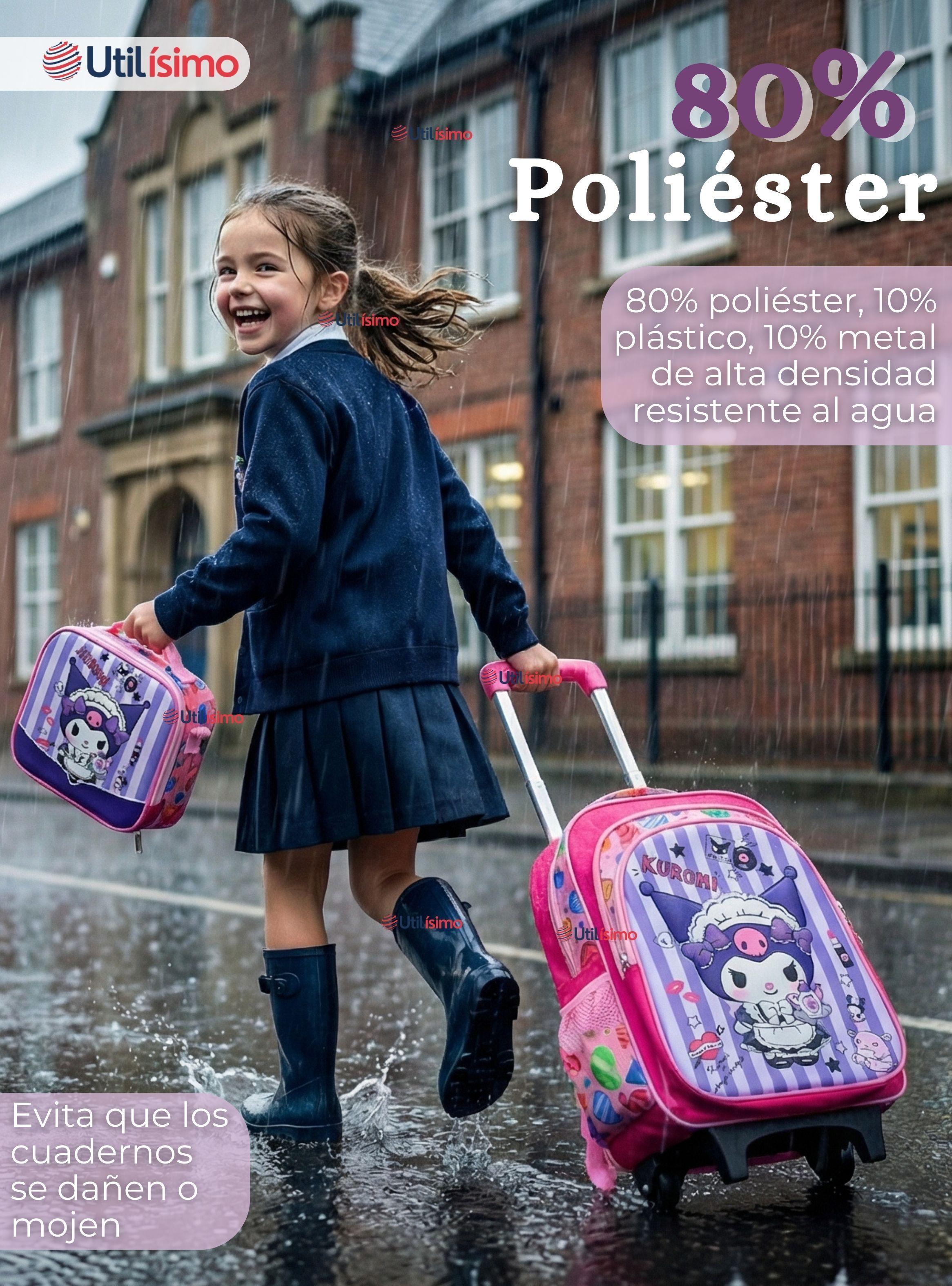 Mochila Escolar Kuromi 3D Con Ruedas Desmontable + Estuche + Lonchera Poliéster Morado para Niña-4