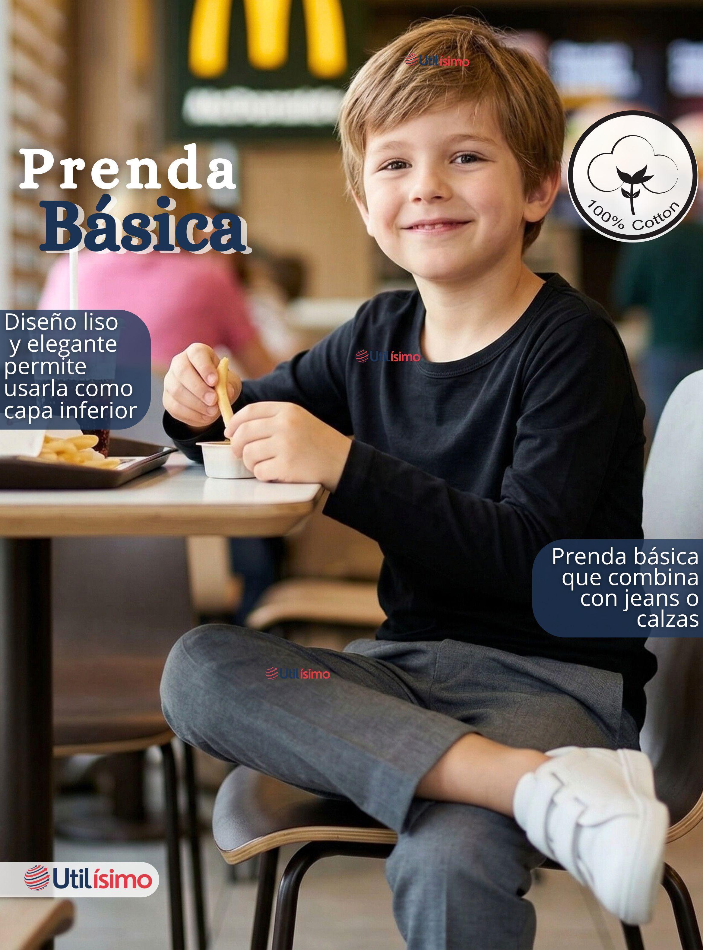 Camiseta Polera Algodón Primera Capa Manga Larga Blanco Negro Niños-7