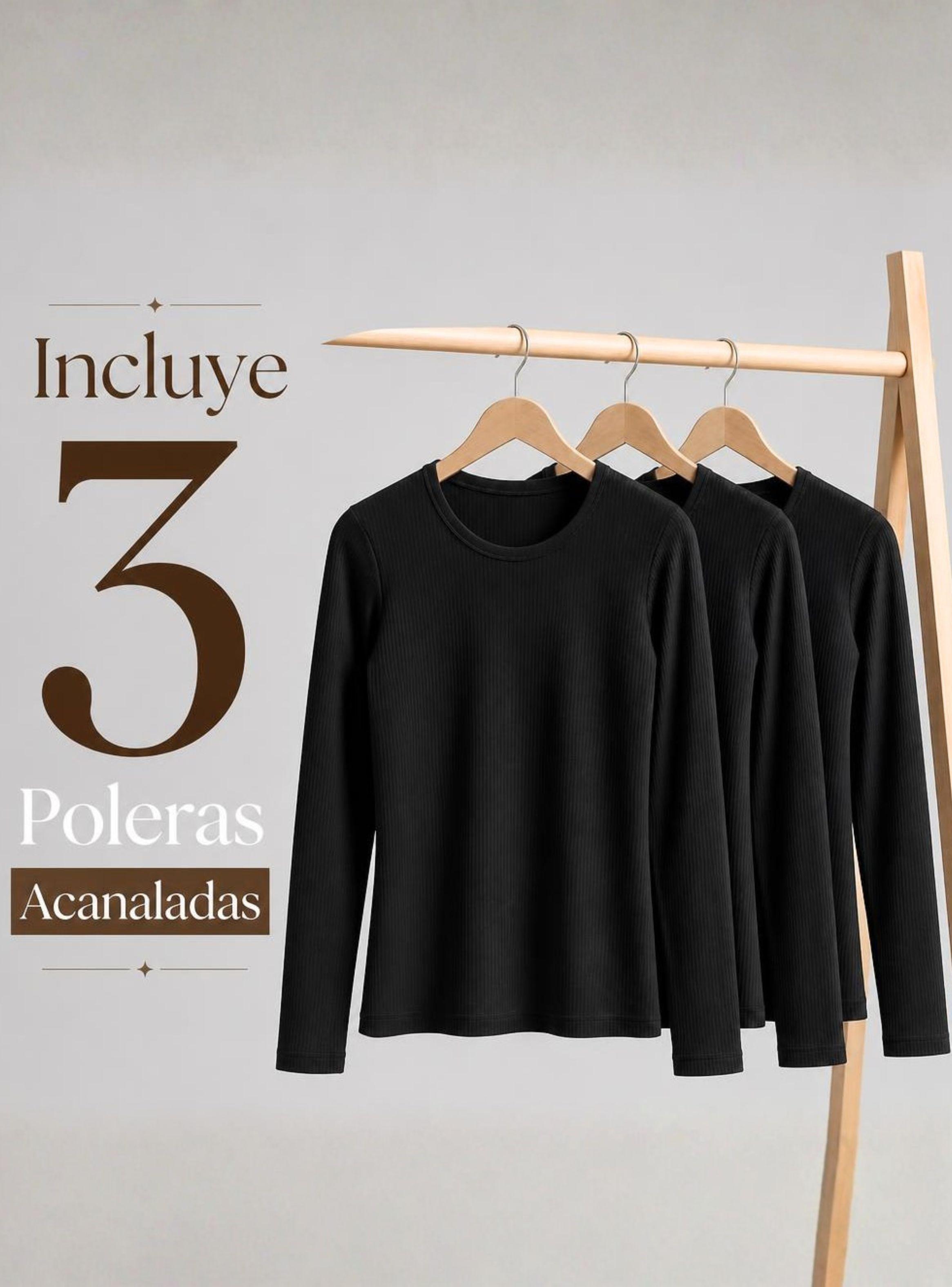 Pack 3 Camisetas Poleras Polar Primera Capa Negra  Acanalada Reductora Manga Larga Mujer-2