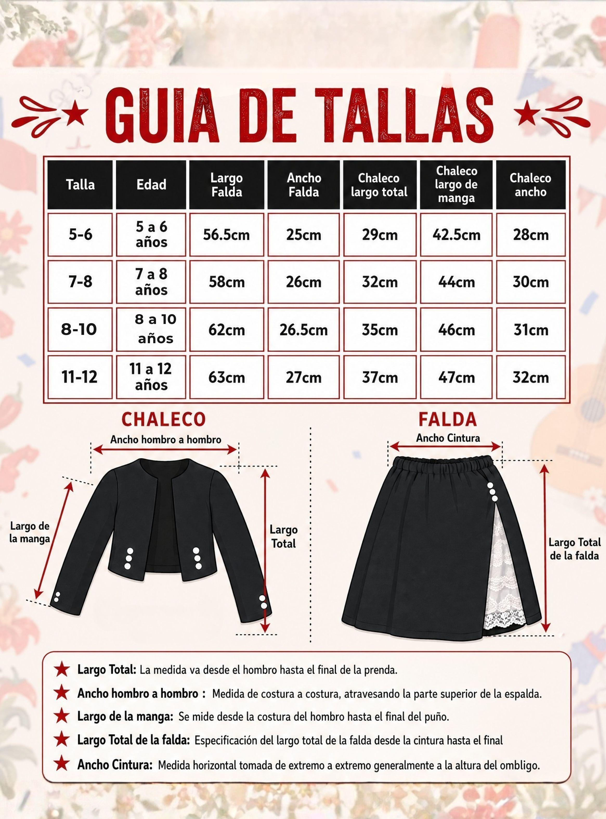 Traje Huasa Elegante Negro NIña Conjunto 4 Piezas Tipico Fiestas Patrias-3