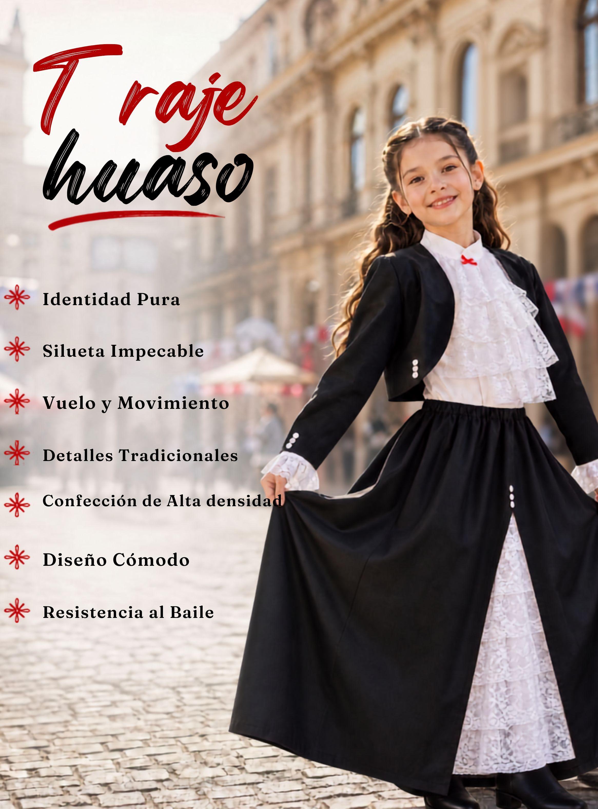 Traje Huasa Elegante Negro NIña Conjunto 4 Piezas Tipico Fiestas Patrias-4