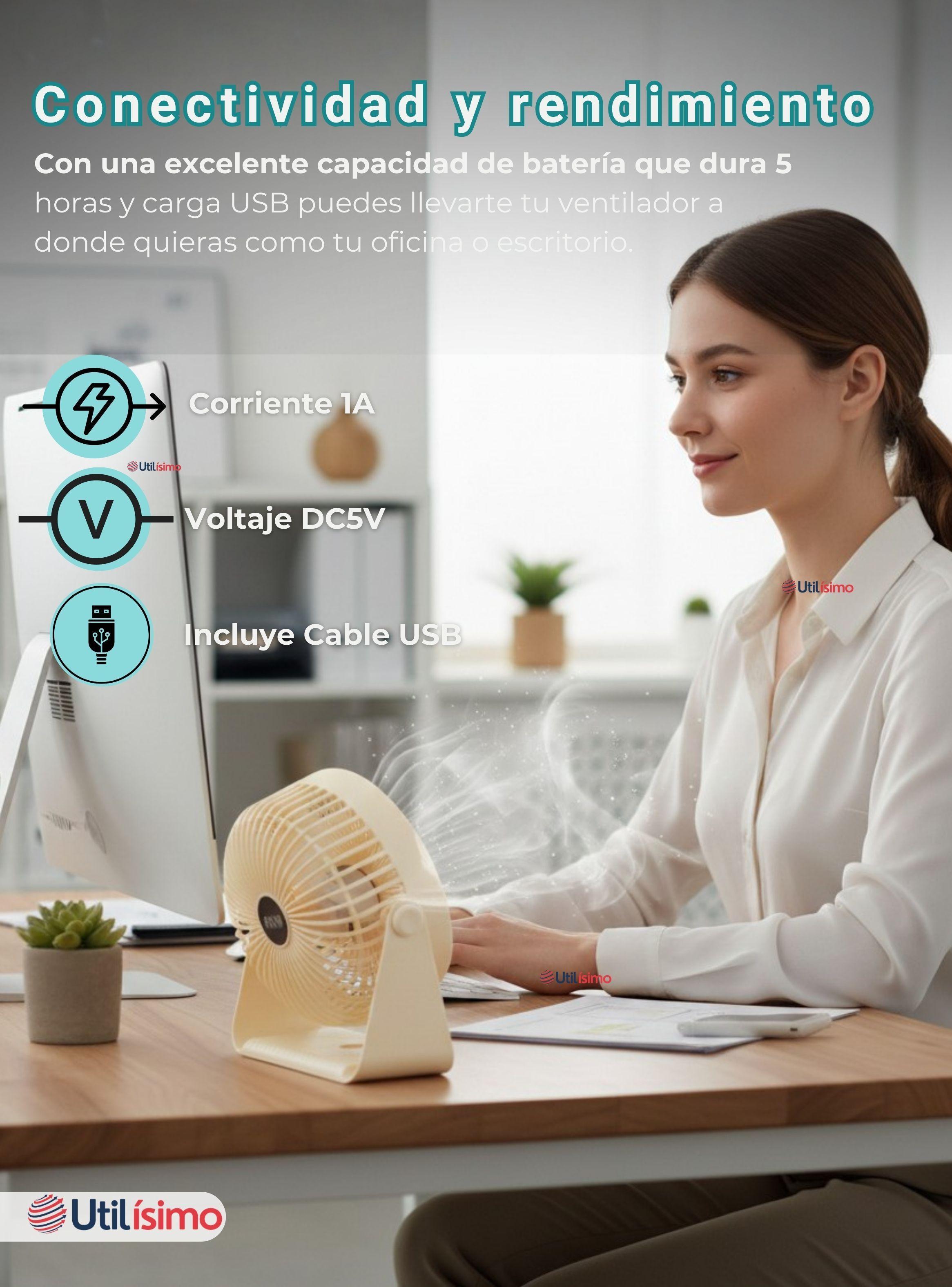Mini Ventilador De Mesa Color Beige Silencioso Portátil Recargable USB-5