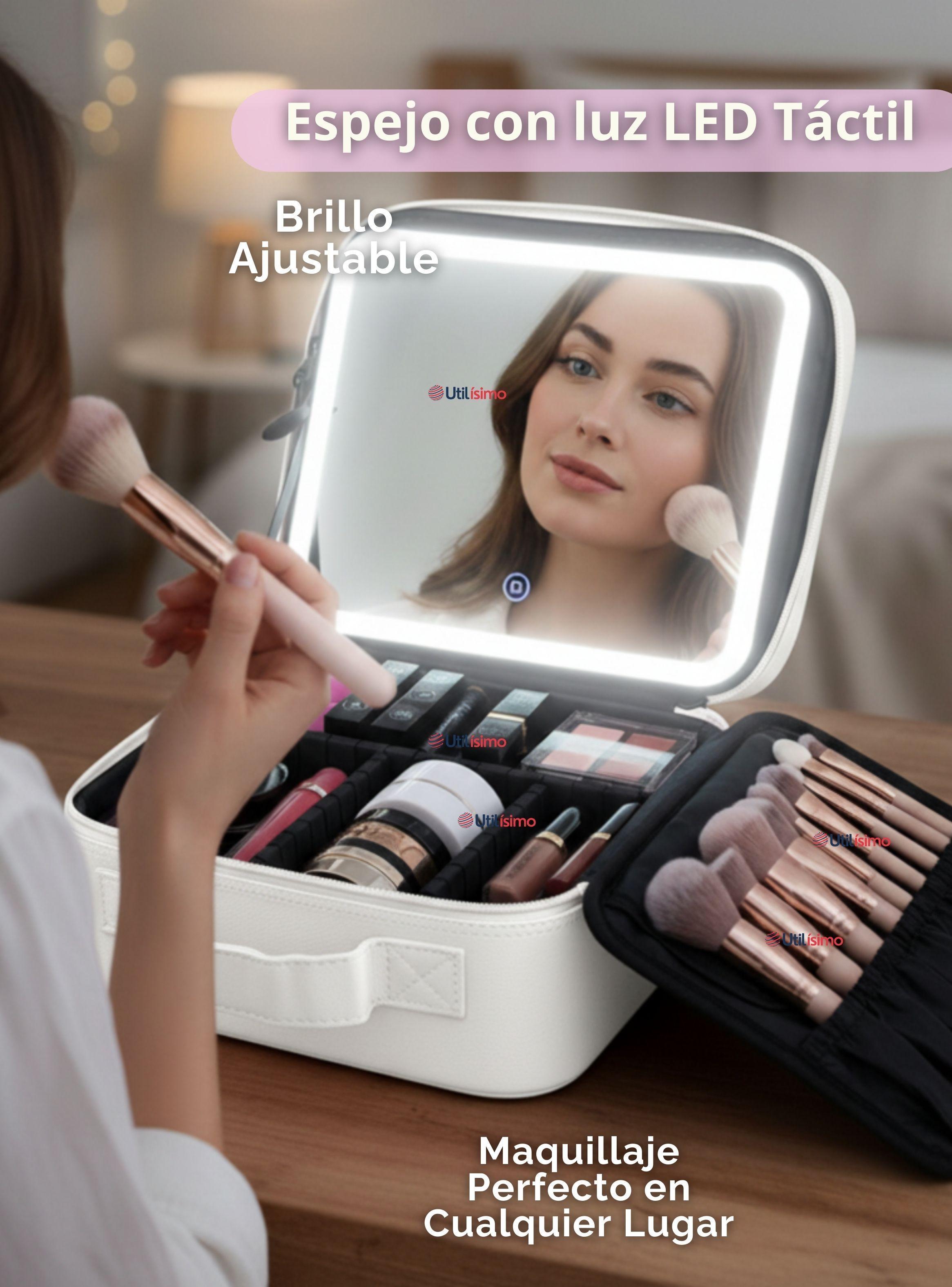 Estuche Maquillaje 2 en 1 Bolso Cosmetiquero Espejo Con Luz Led Organizador Color Blanco-2