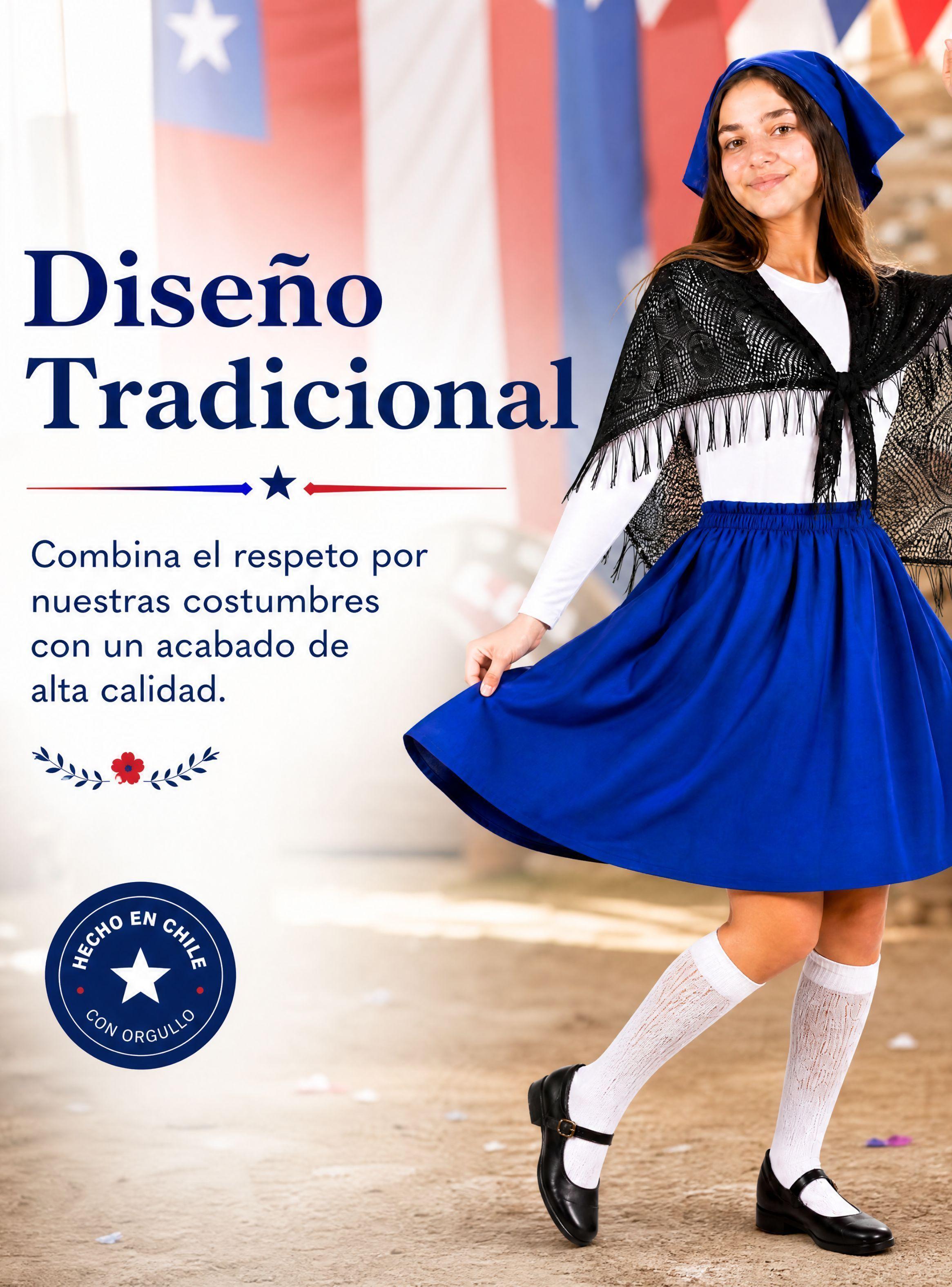Traje Chilote Juvenil 4 Piezas Azul Con Polera Fiestas Patrias  Baile Típico-6