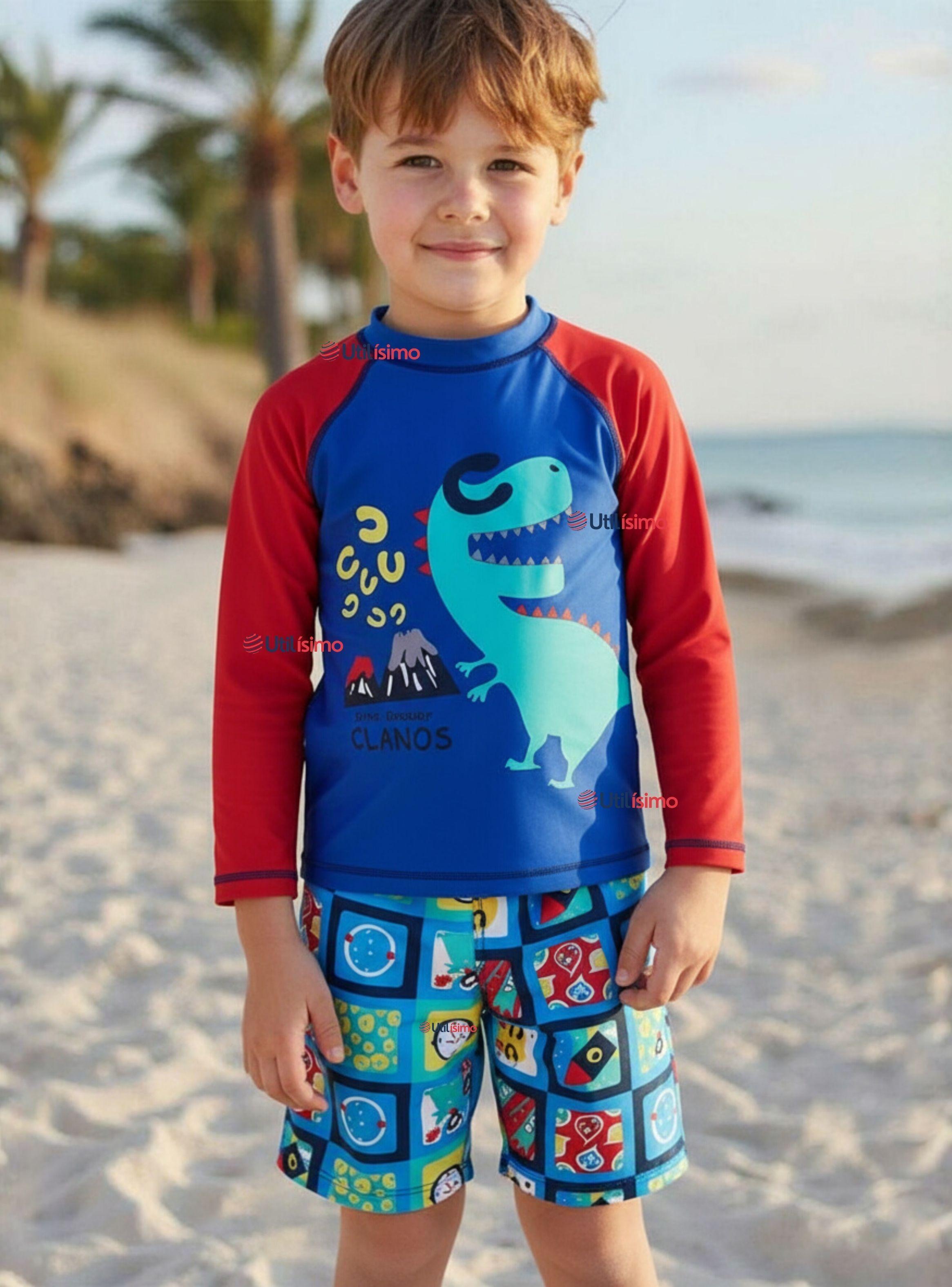 Traje de Baño Polera Manga Larga Pantalón Corto 2 Piezas Corte Split Niño 3 a 9 años Blue Dinosaur-0