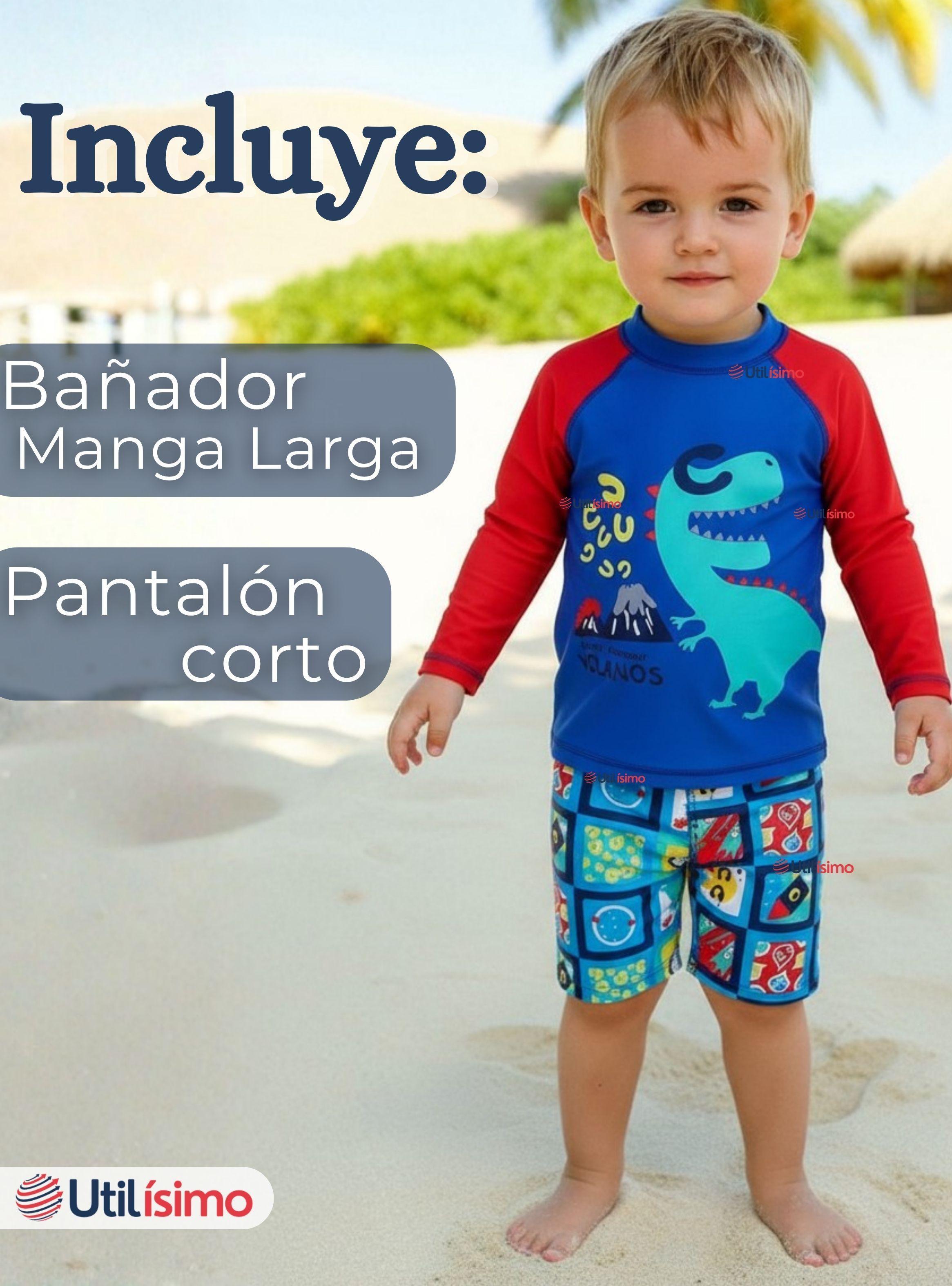 Traje de Baño Polera Manga Larga Pantalón Corto 2 Piezas Corte Split Niño 3 a 9 años Blue Dinosaur-1