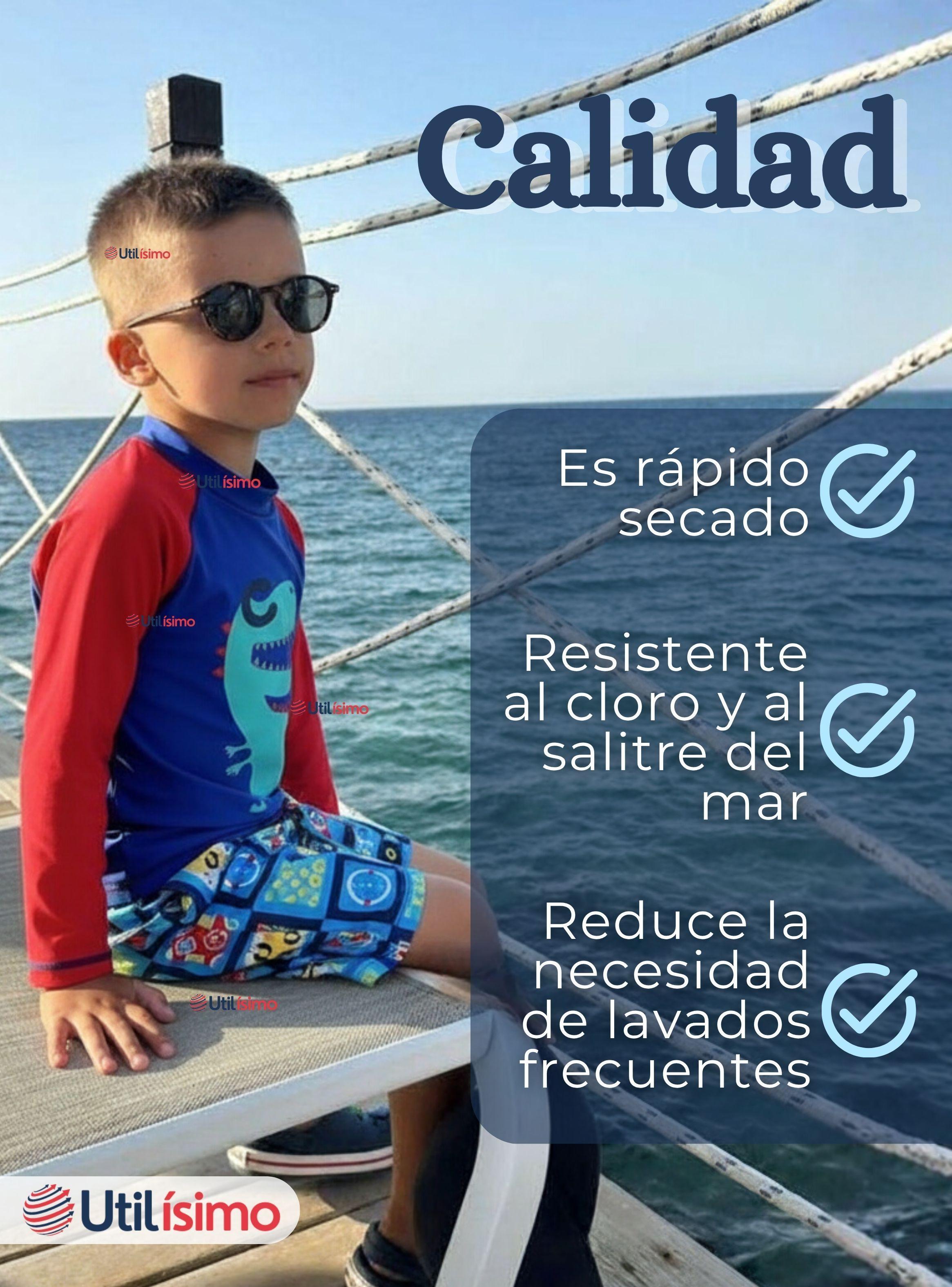 Traje de Baño Polera Manga Larga Pantalón Corto 2 Piezas Corte Split Niño 3 a 9 años Blue Dinosaur-7