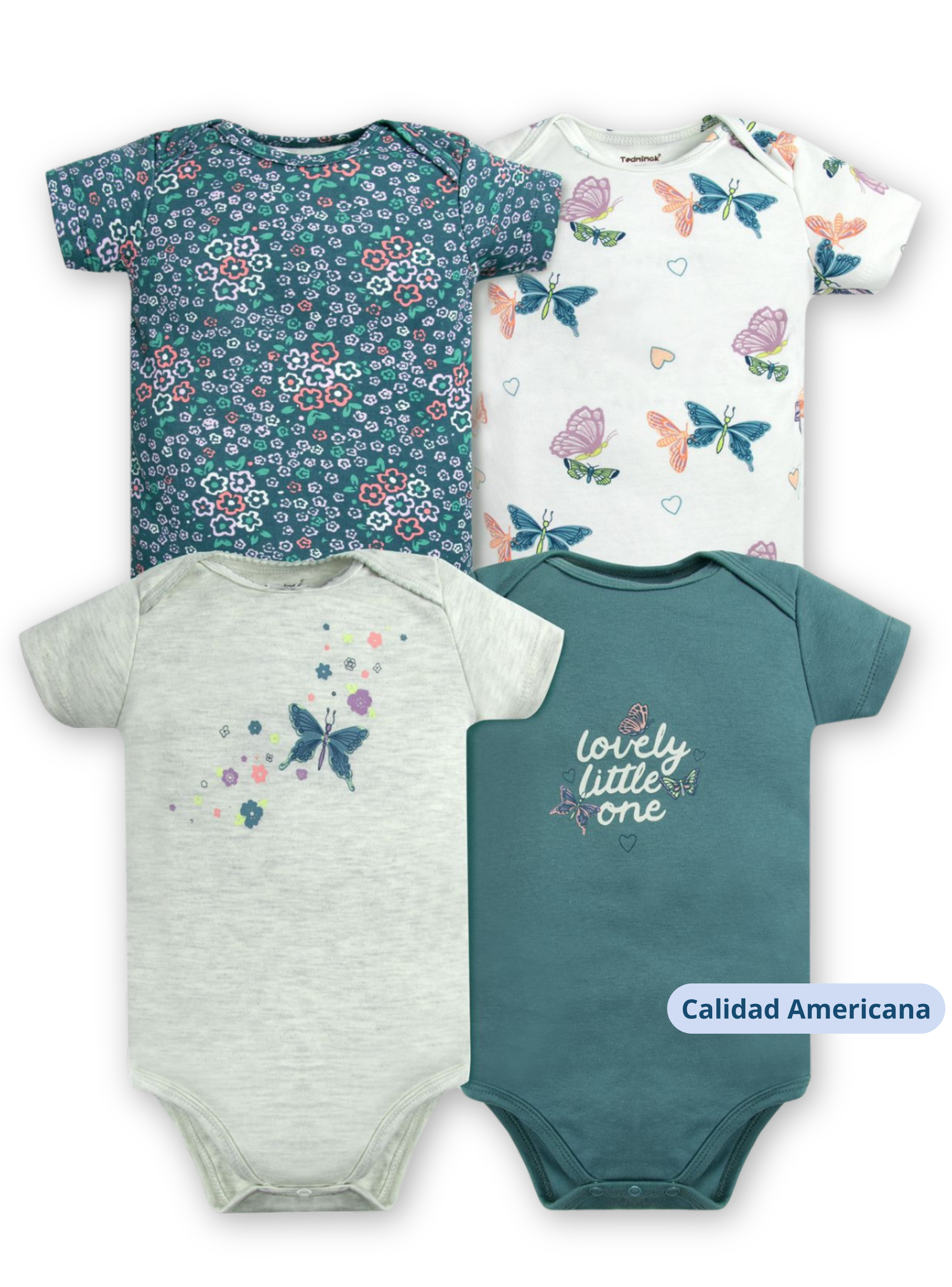 Pack 4 Bodys Niña Manga Corta Tedmimak 100% Algodón Mariposas Azul-3
