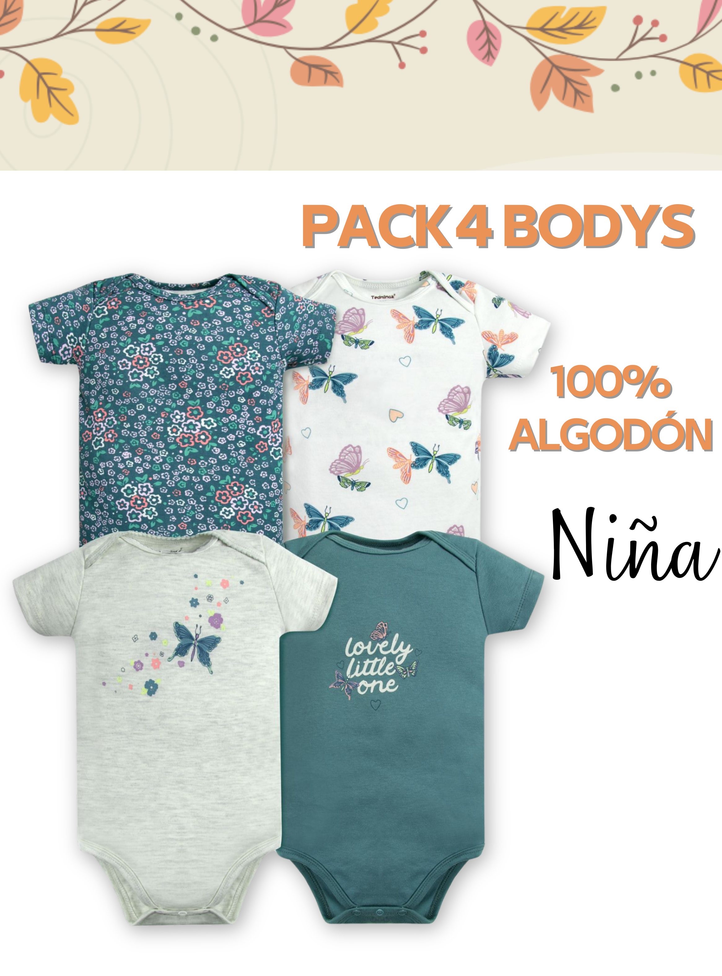 Pack 4 Bodys Niña Manga Corta Tedmimak 100% Algodón Mariposas Azul-4