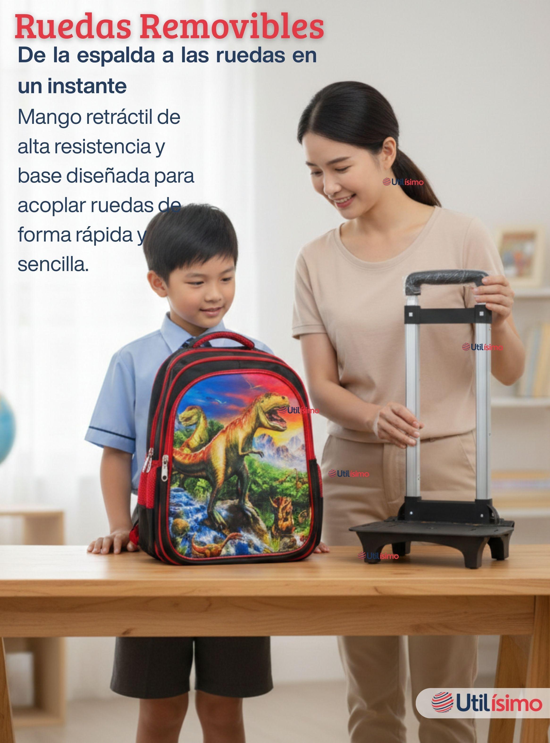 Mochila Escolar Con Ruedas Desmontables Diseño 3D + Estuche y Lonchera para Niño Poliéster-5