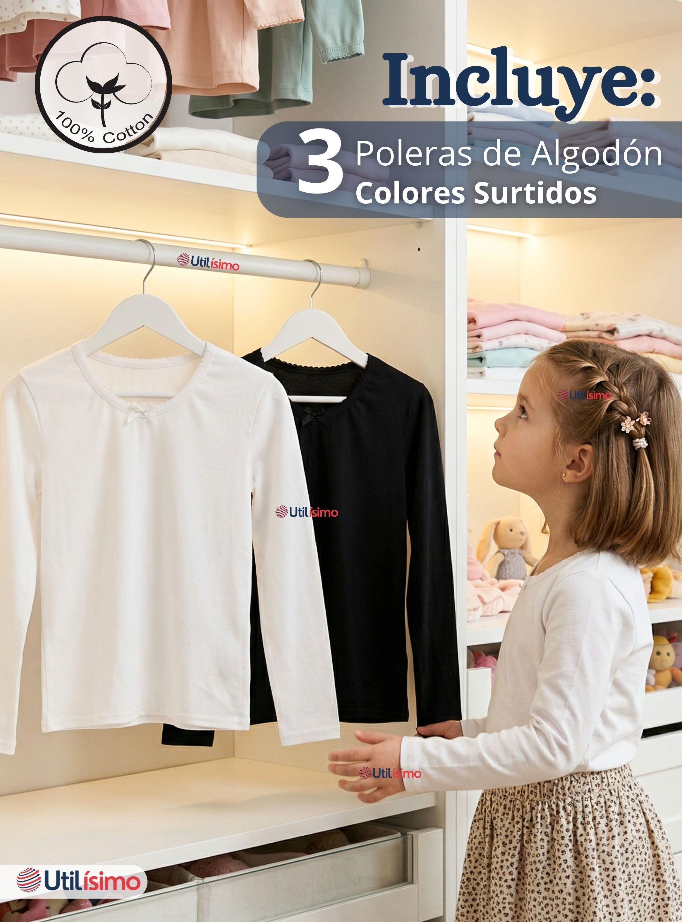 Pack 3 Camisetas Poleras Algodón Cuello Redondo Primera Capa Manga Larga Colores Surtidos Niña-2