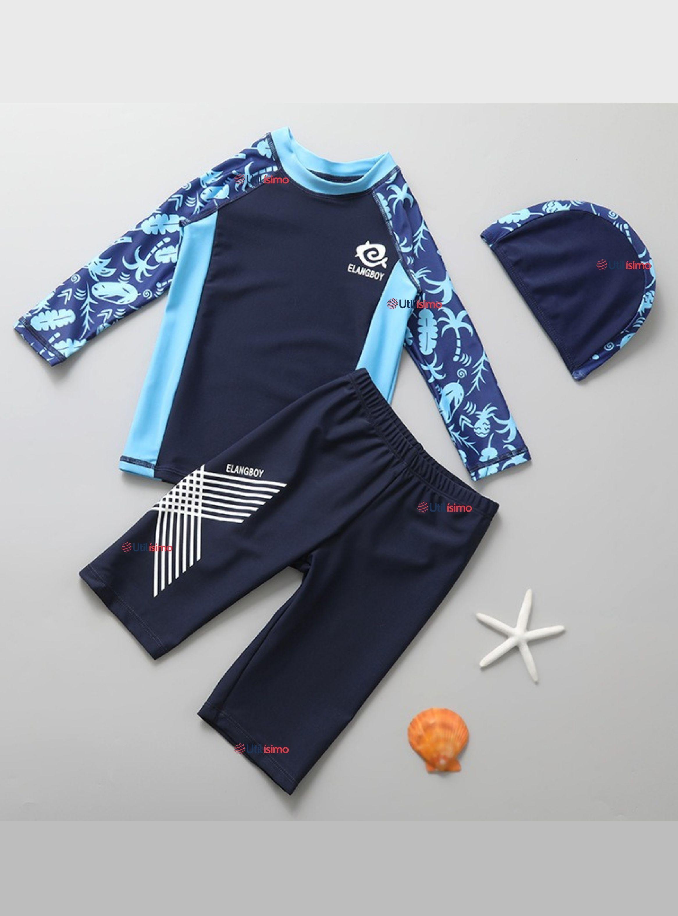 Traje de Baño Pantalón Corto Polera Manga Larga y Gorro 3 Piezas Niño 2 a 8 años Blue-0