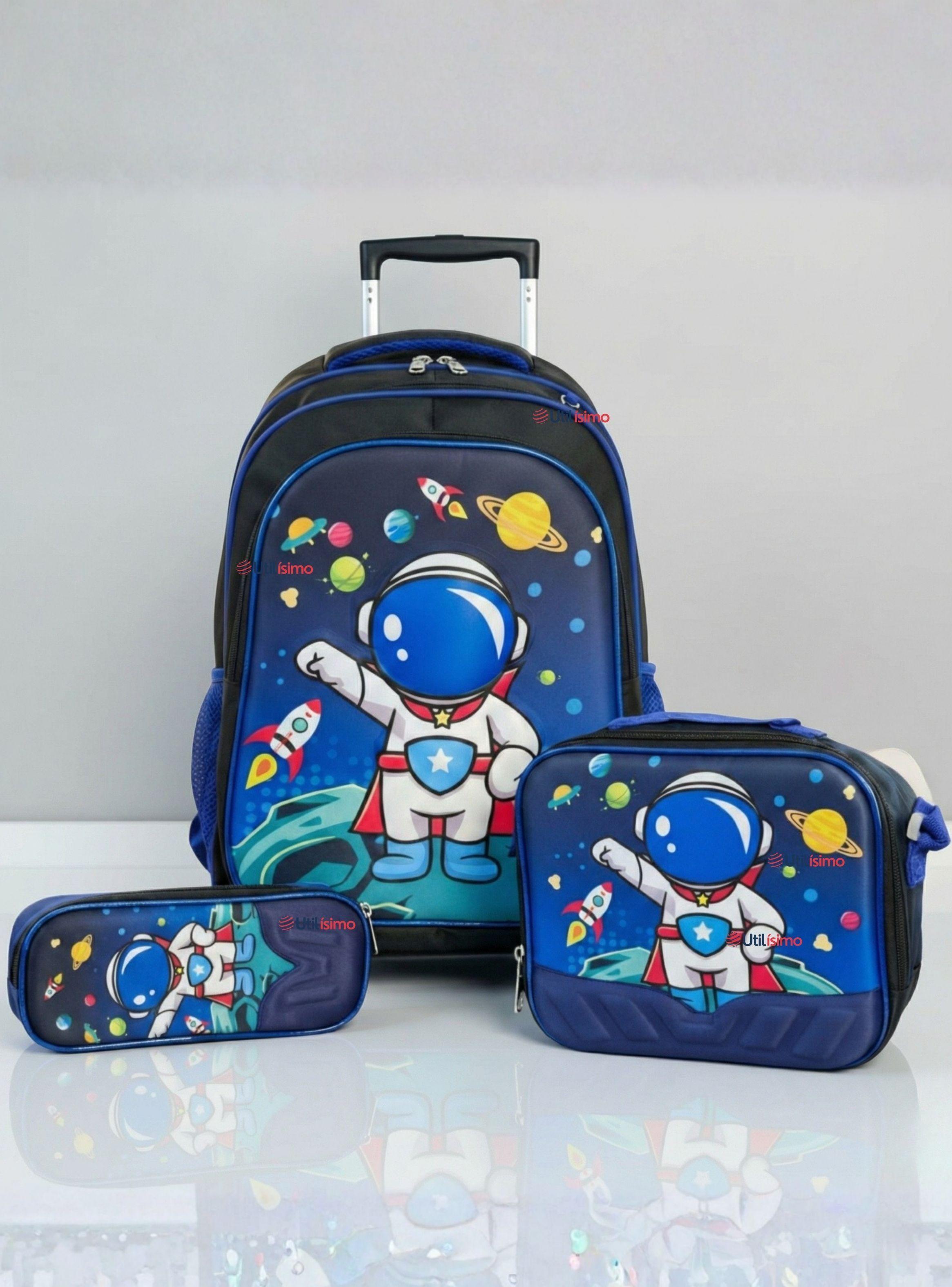 Mochila Escolar Con Ruedas + Estuche y Lonchera Poliéster Diseño de Astronauta para Niños-0