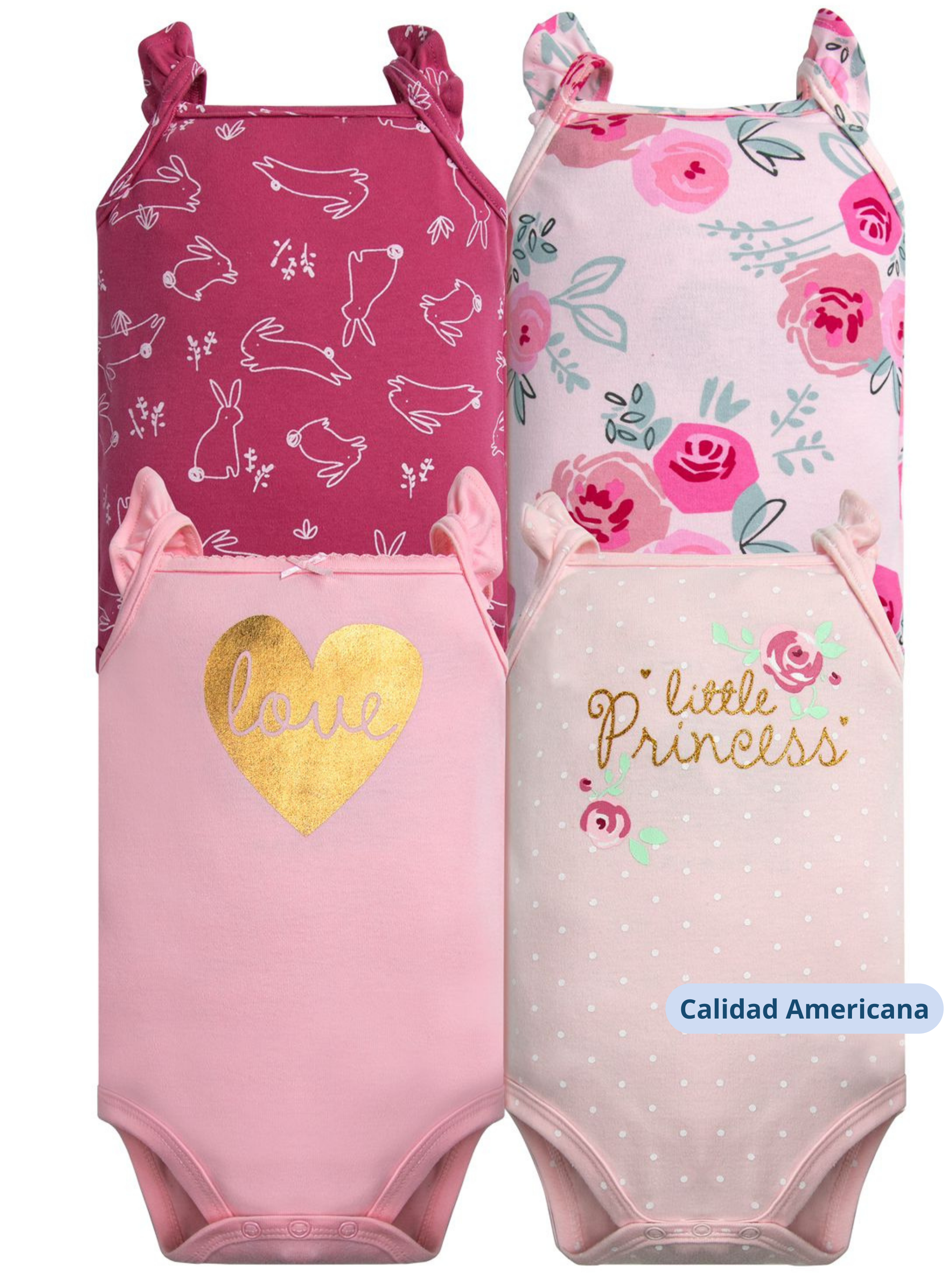 Pack 4 Bodys Niña Sin Manga Tedmimak 100% Algodón Rosa Little Princess-3