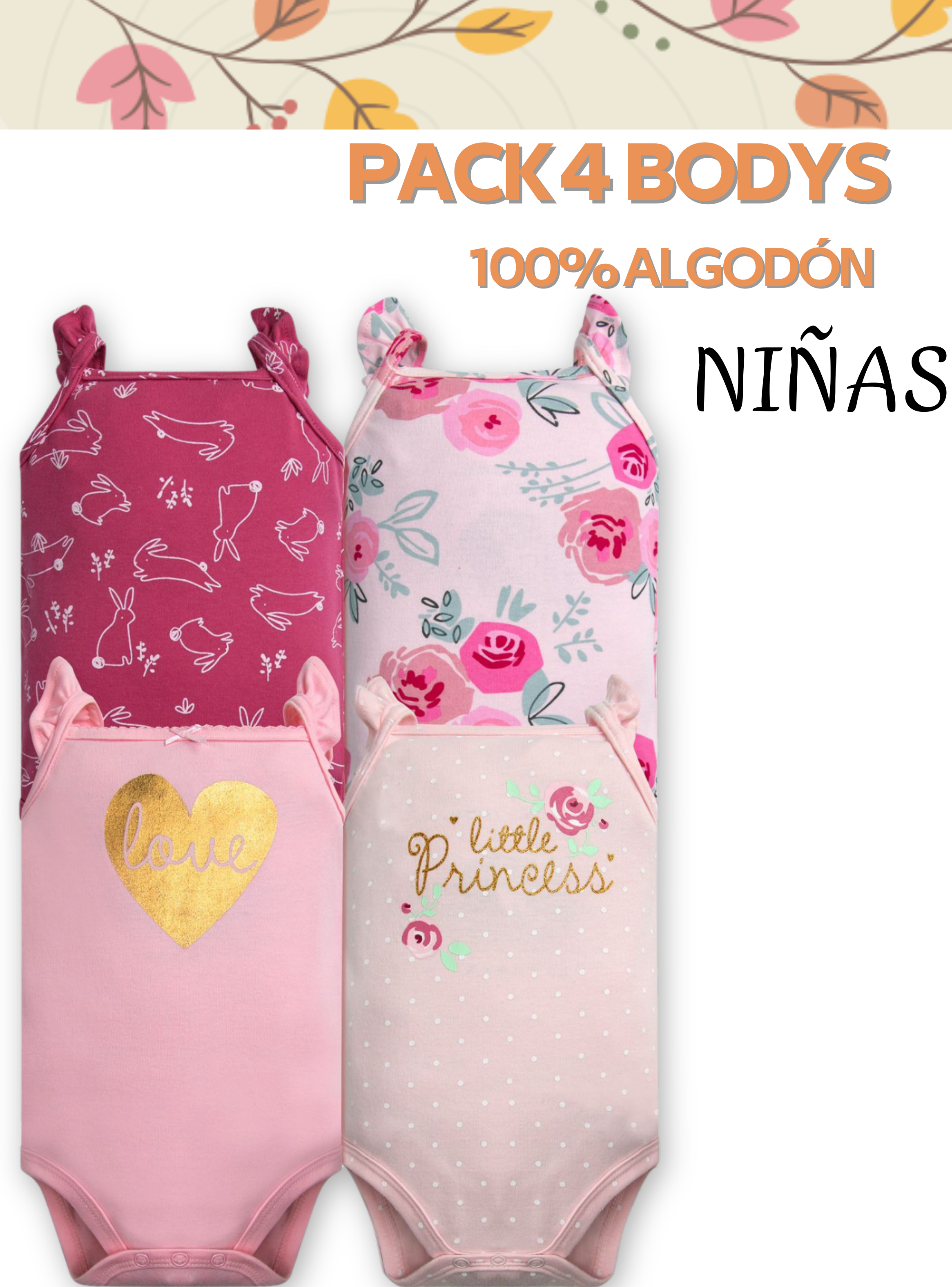 Pack 4 Bodys Niña Sin Manga Tedmimak 100% Algodón Rosa Little Princess-4