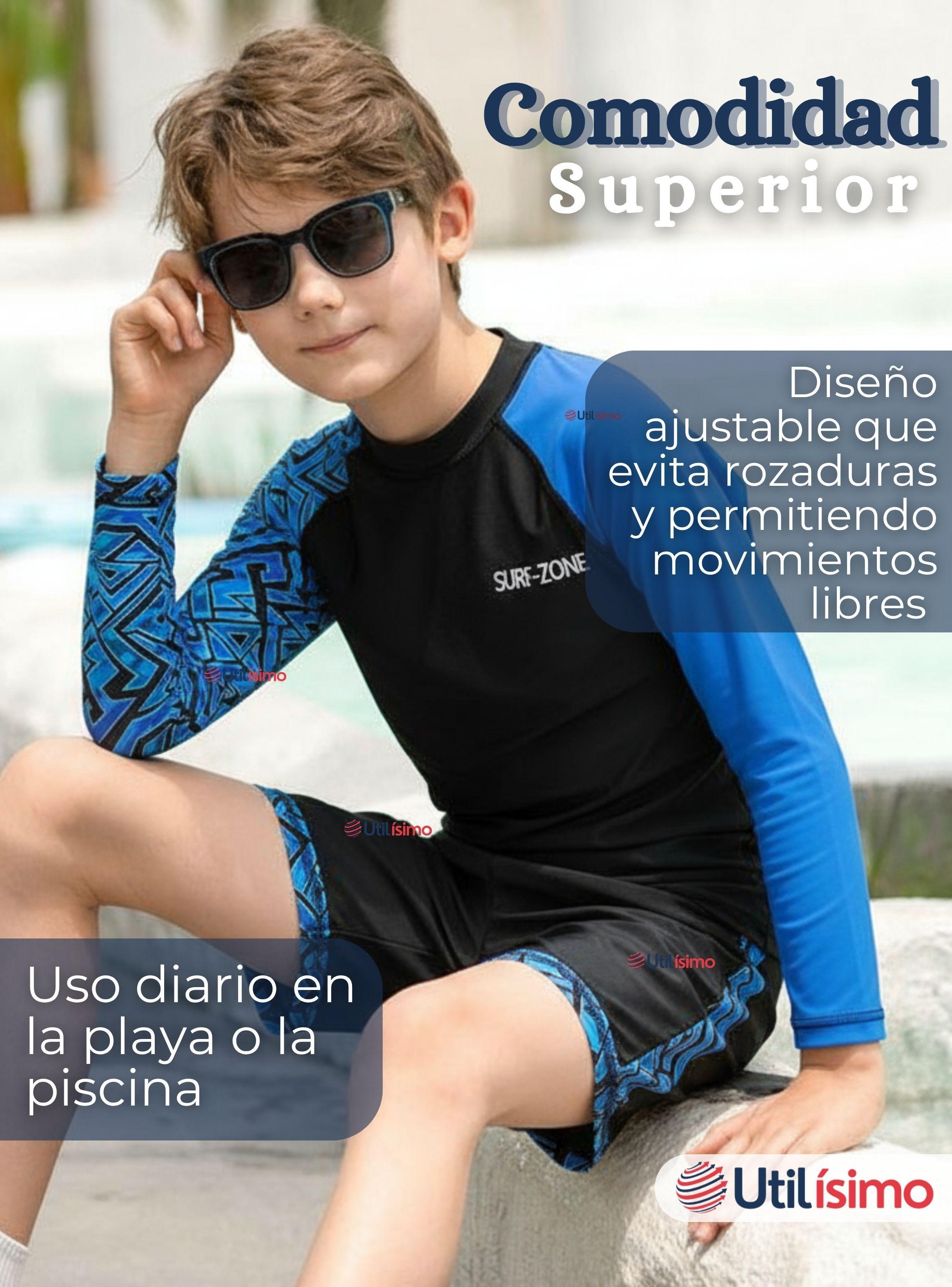 Traje de Baño Manga Larga Pantalón Corto 2 Piezas Corte Split Niño 3 a 11 años Black-5