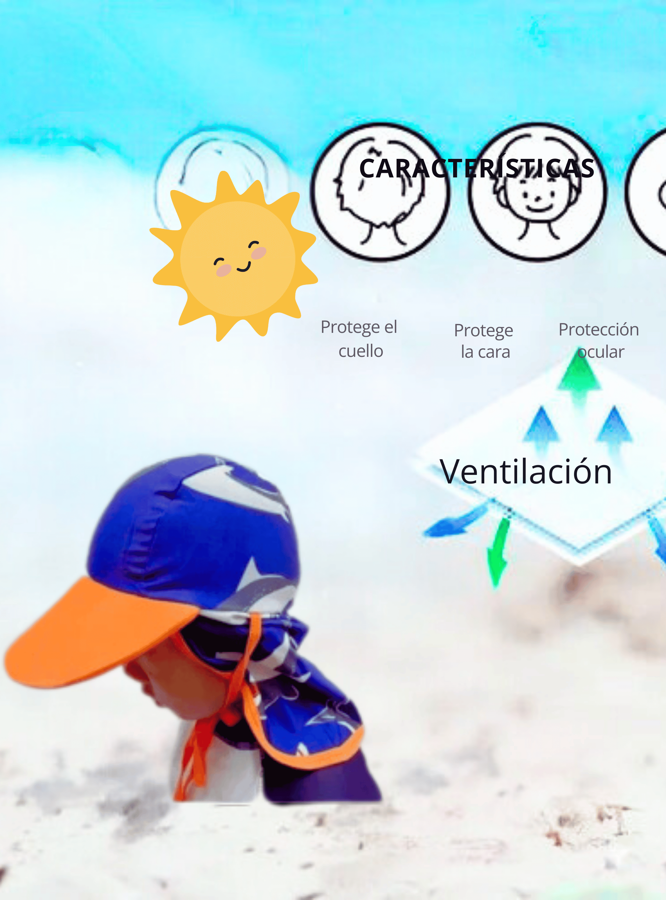 Gorro para el Sol con Solapas Protección UV Niños de 1 a 10 Años Azul Tiburones-2