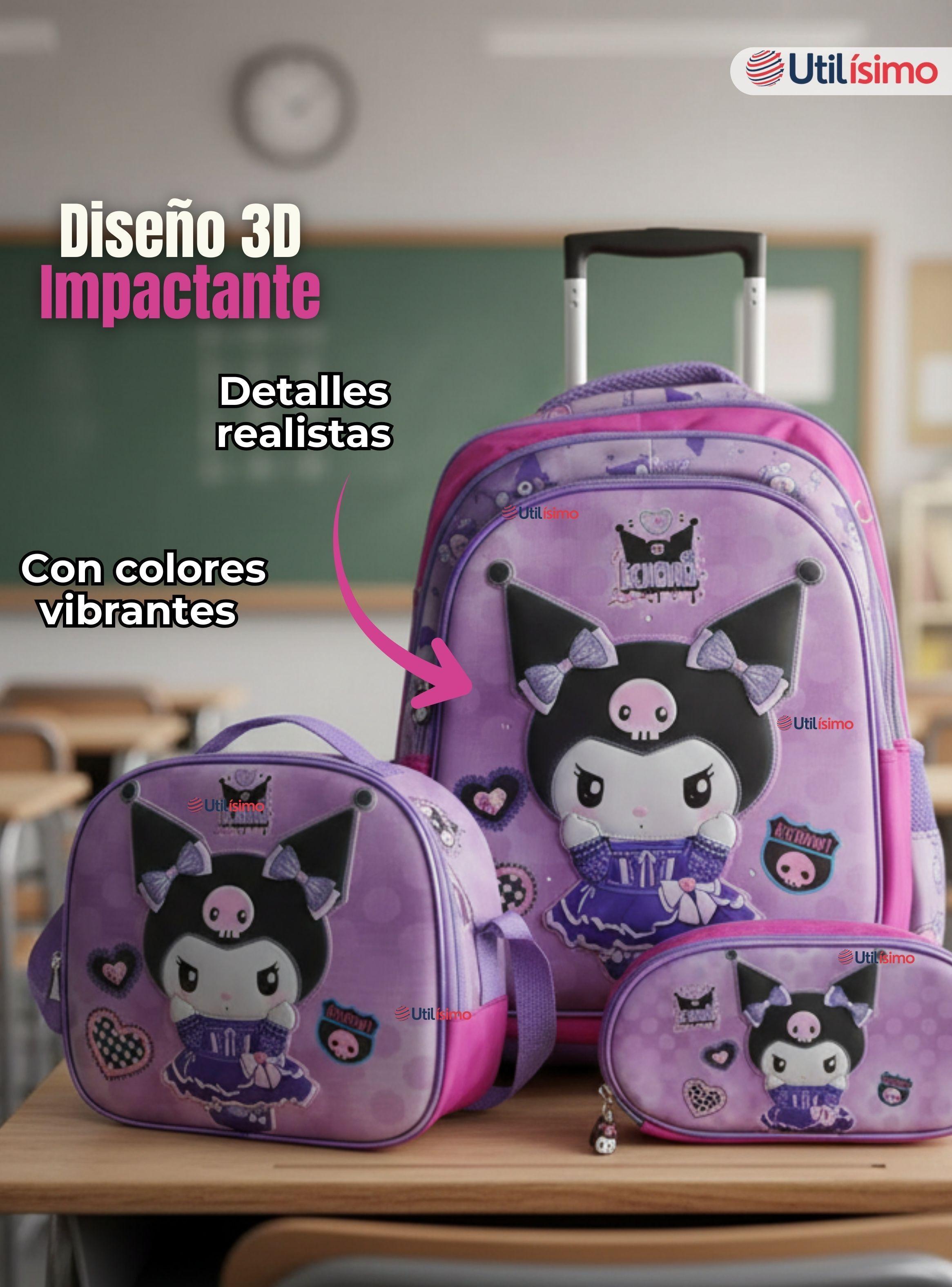 Mochila Kuromi Escolar Con Ruedas + Estuche y Lonchera Desmontable Poliéster Lila para Niña-5