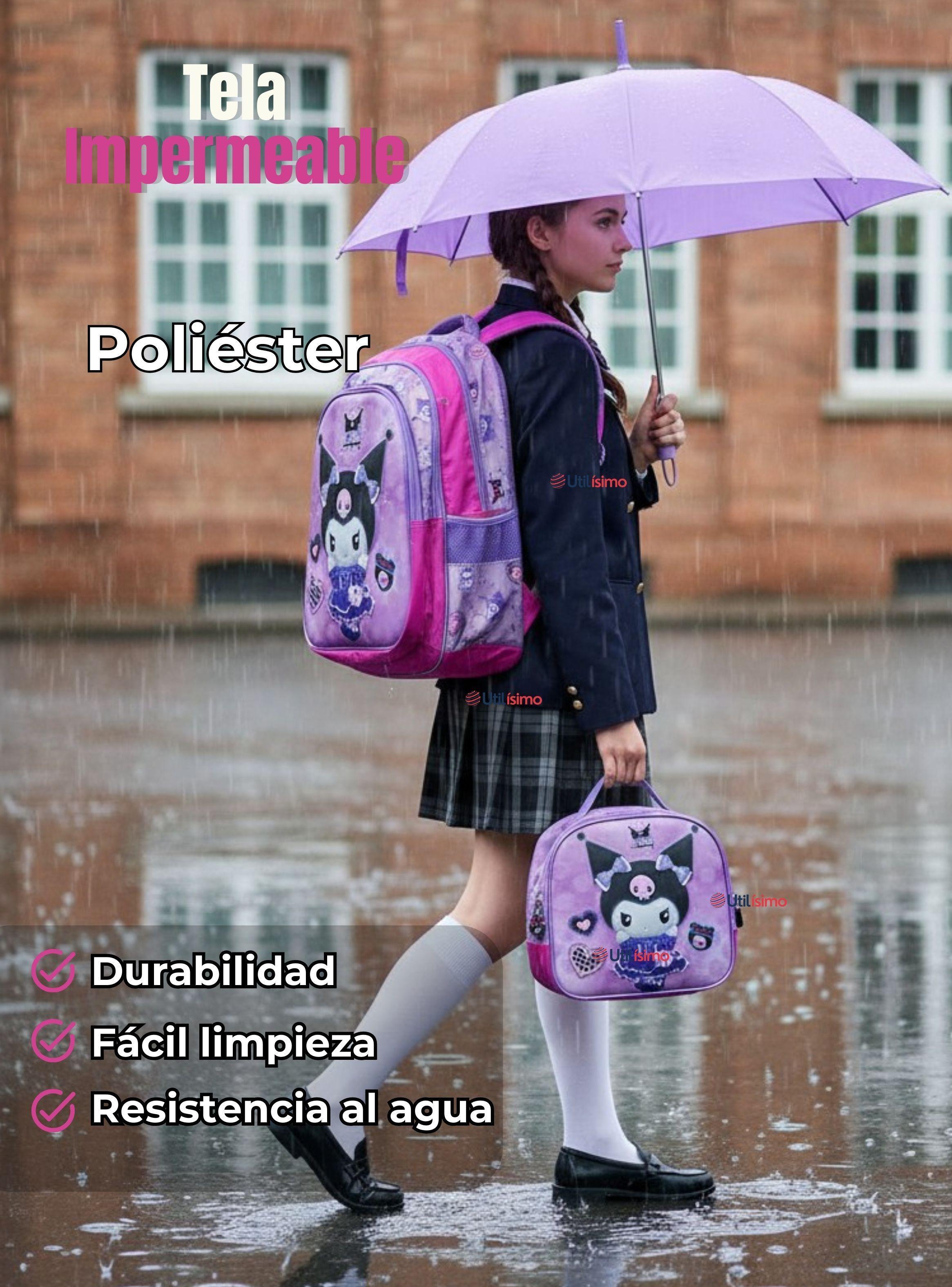 Mochila Kuromi Escolar Con Ruedas + Estuche y Lonchera Desmontable Poliéster Lila para Niña-7