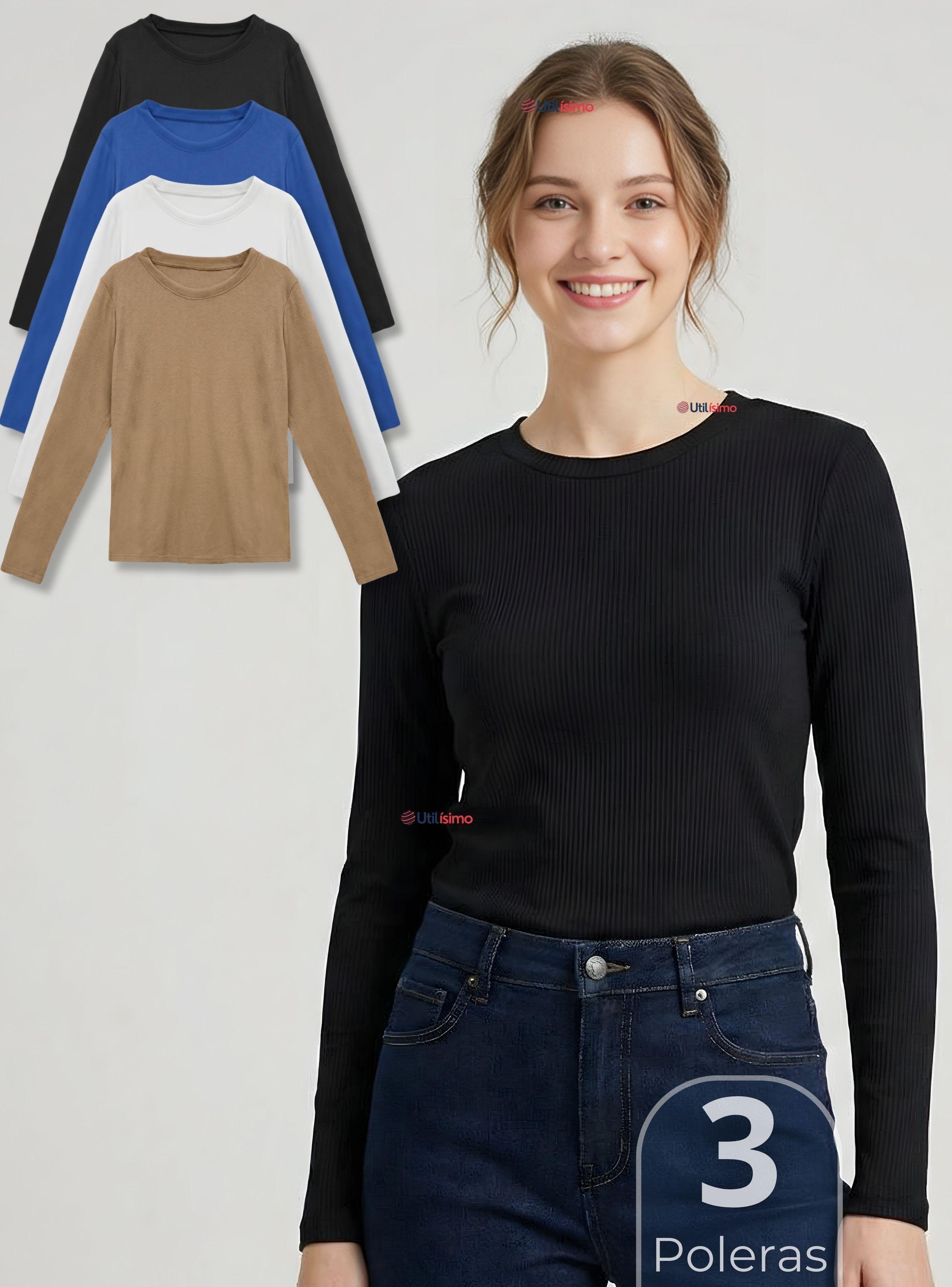 Pack 3 Camisetas Polar Polera Cuello Redondo Mujer Manga Larga Tela Acanalada Color Surtidos-0