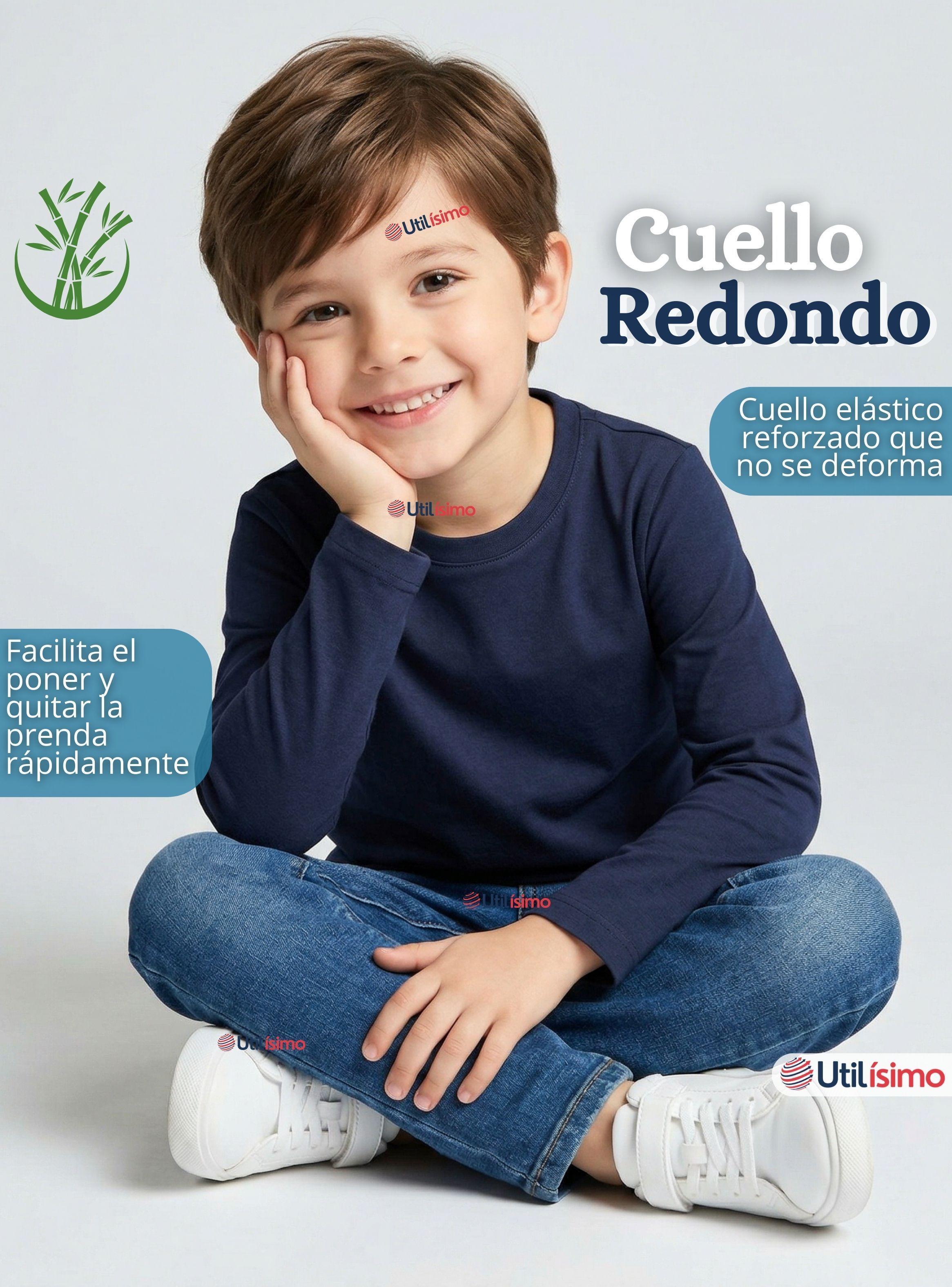 Polera Camiseta Bambú Azul Oscuro Cuello Redondo Primera Capa Manga Larga Niños-7