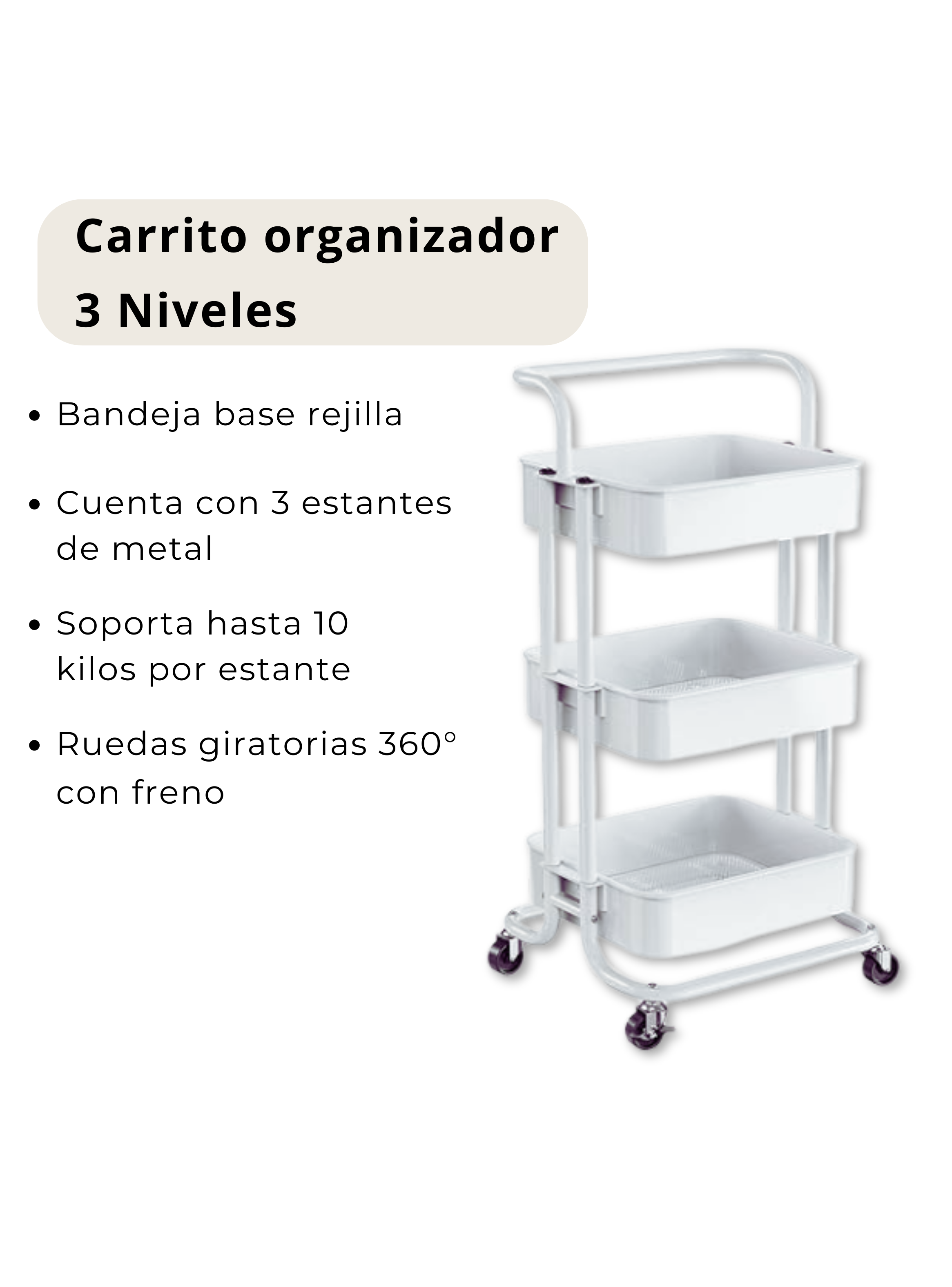 Carrito De Almacenamiento Organizador 3 Niveles Con Ruedas Color Blanco-3