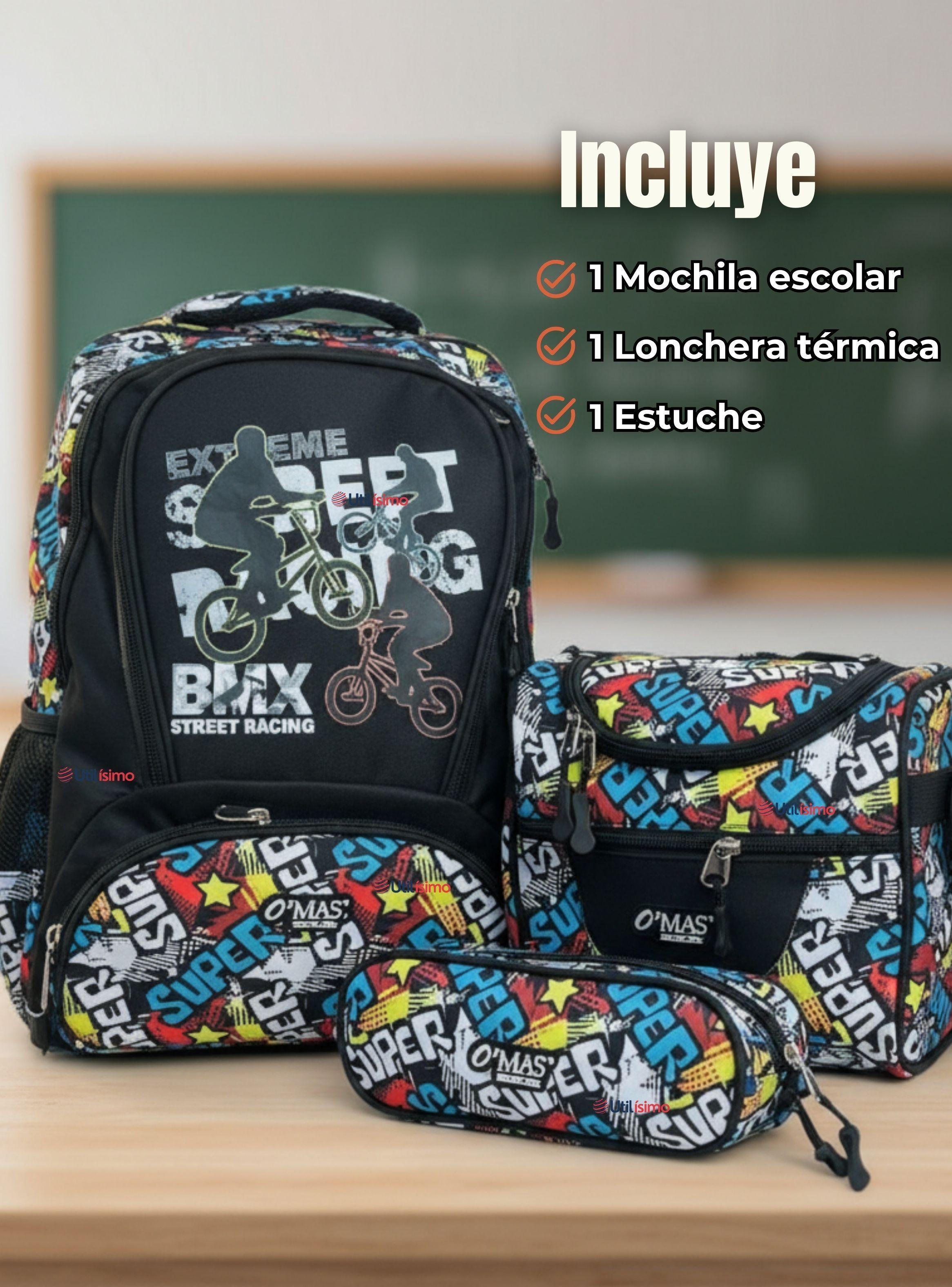 Mochila Escolar Kit Con Estuche y Lonchera 45 cm Tela Oxford BMX Street Racing para Niños-1